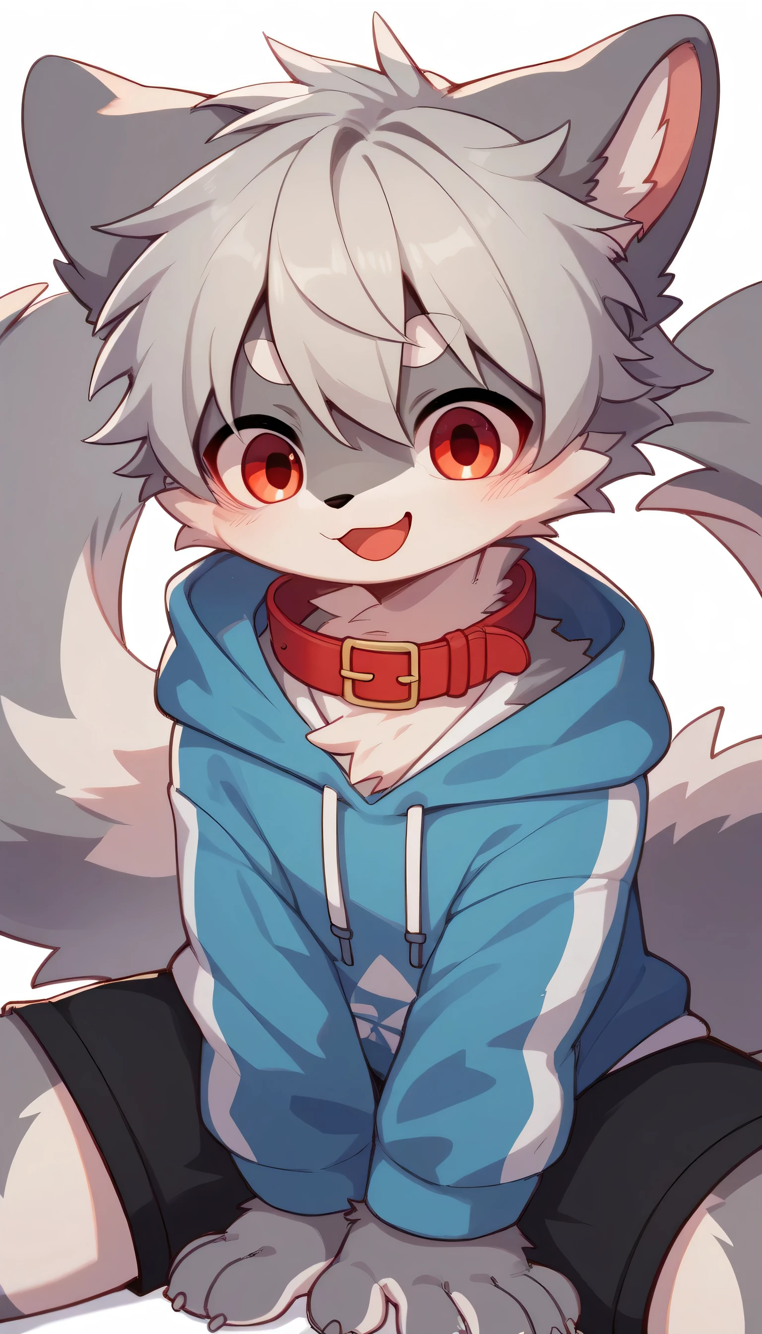 very detailed having fun in great detail,gray hair and gray fur , gray wolf , shemono,Grey Hair,Age 15,Participation, red collar on the floor, cute face, fluffy fur ,The three cute furries dance !Horny boy , white background, embarrassed face,wide smile,happy smile cute grey fur fur, estrus, droopy ears, alone, black shorts , sweatshirt , Long Sleeve ,trend,
