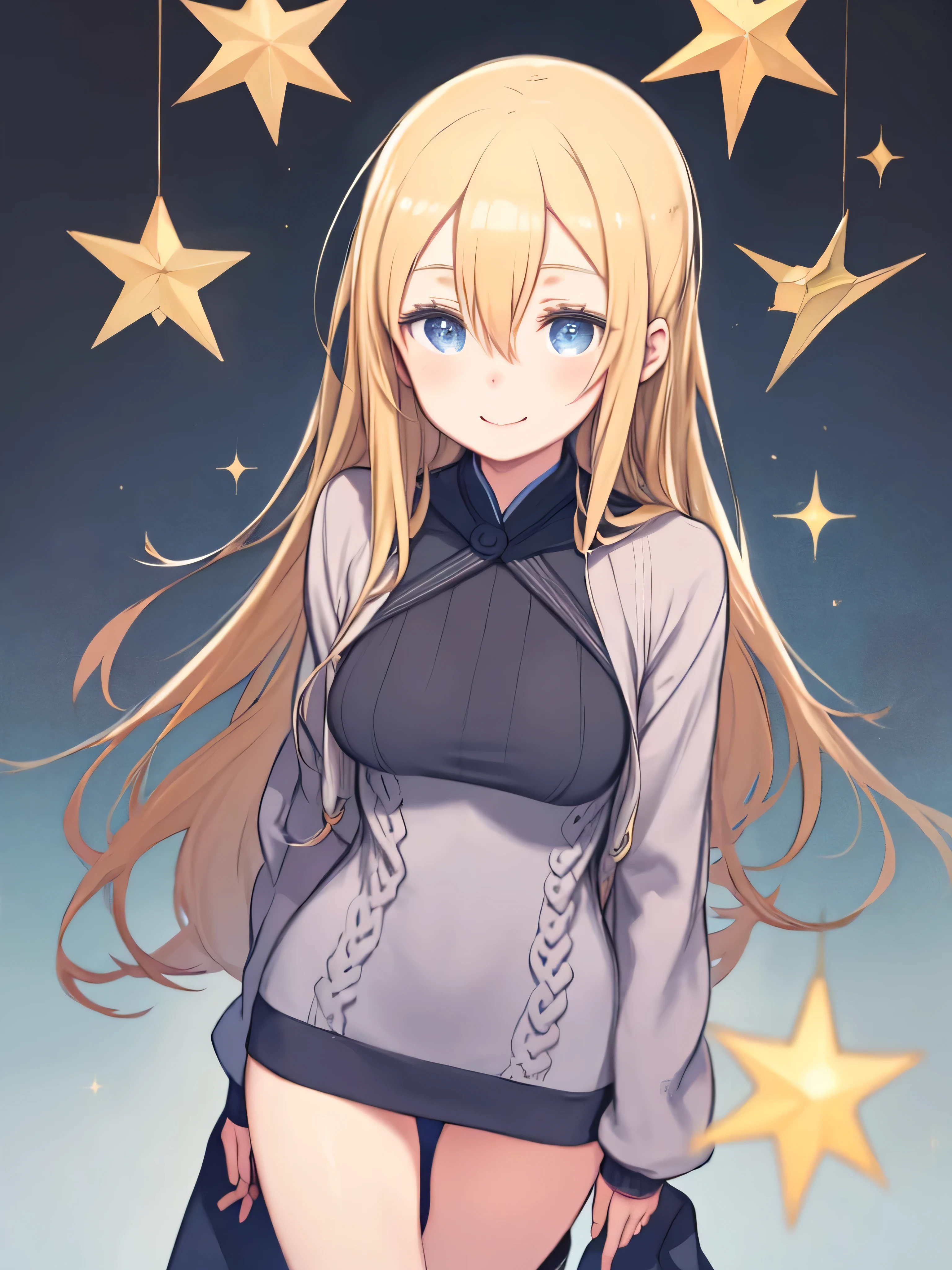  One woman wearing long socks、( upper body、 cowboy shot、Thigh Gap、 absolute domain)、 Smiling、 thick thighs、Thighs in socks 、 big size、Focus on the thighs、 knitted sweater、 glitter、 blond hair、hair between eyes、 straight long hair、 blue eyes、