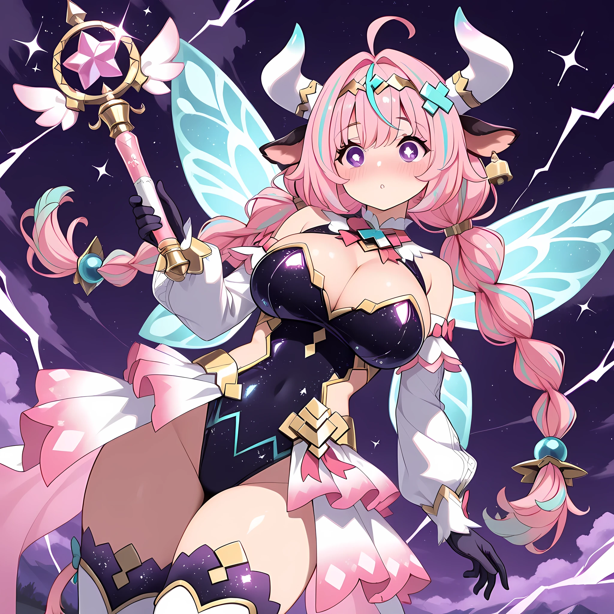 (masterpiece), best quality, expressive eyes, perfect face,1girl,streaked hair, multicolored hair, pink hair, ahoge, animal ears, purple eyes, long hair, twin braids, bangs, cow horns, hair ornament, cow ears,big breasts,bridal gloves,detached sleeves,magical girl,magical girl costume,strapless,bare shoulders,bioluminescent dress,(circlet:1.2),cleavage,(showgirl skirt:1.6),thighhigh boots,[[lightning magic wand]],fairy wings,blush,fantasy sky,purple lightning background,fantasy lighting,cowboy shot,dynamic angle,(sparkle:0.9),(glitter:0.9),[[lightning bolts]]
