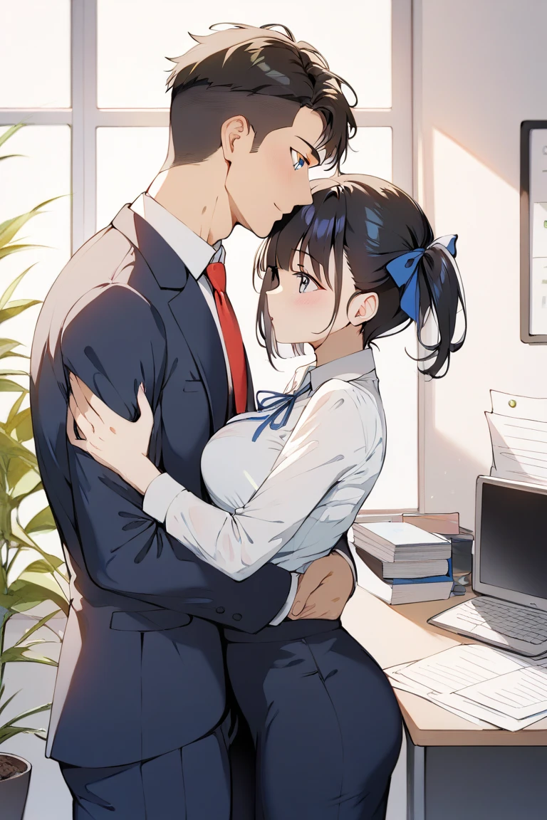 A scene of a beautiful black-haired classmate having intense sex with another man while still wearing her uniform in the classroom after school