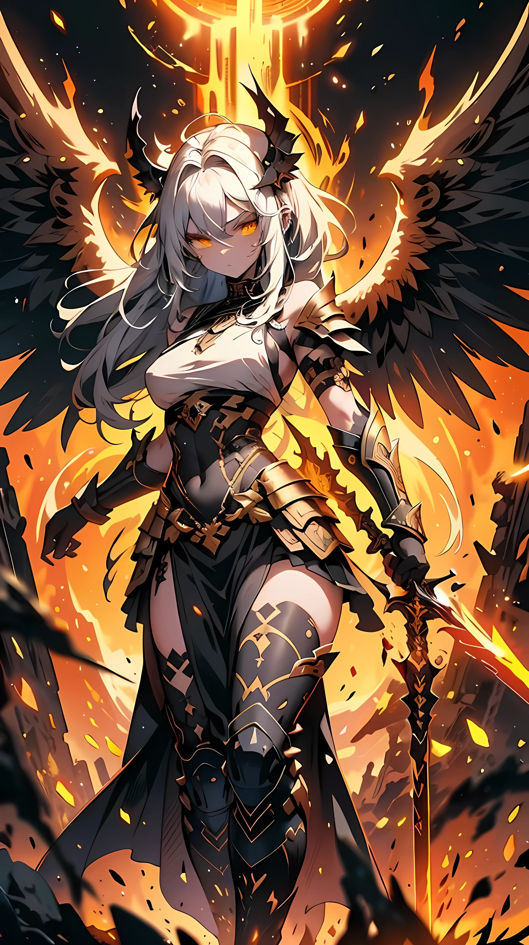  A warrior with long white hair ,  slightly messed up by the wind , and intense yellow eyes . Your body is strong and toned, but covered by an imposing black Spartan armor with gold details . She is holding a large medieval spear with a black handle with a flaming blade and on her back there are small wings of fire.  She's on an ancient battlefield,  surrounded by dust and blood splashes . Her determined and fierce expression .  warm lighting ,  dust particles in the air , Full body wide viewing angle.  realistic style,  8k uhd,  with cinematic grain .