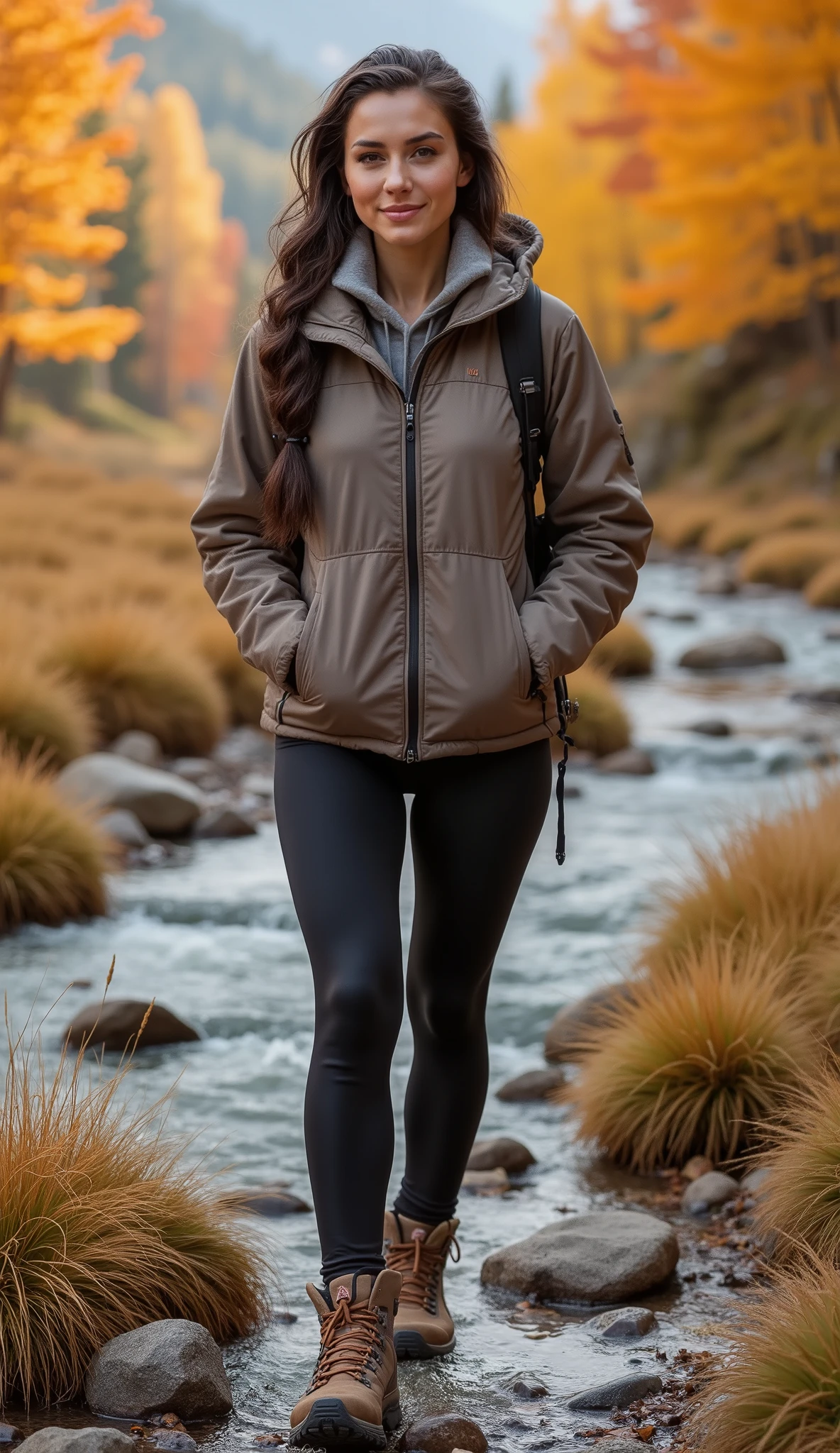 (masterpiece, Full-Body Shot, high quality, high resolution, Realistic Photo, Photography, breathtaking autumn landscape, elegant and sophisticated woman, 23 to 28 years old, with bright expressive eyes, long wavy dark brown hair styled in a loose braid, graceful and confident posture, radiant smile. Wearing a sporty-stylish hiking outfit combination with a warm jacket, tight leggings and high-quality hiking boots , as you travel through a golden autumn valley in the Dolomites , Italy hikes . The leaves of the trees glow in intense shades of red and orange , while a clear mountain river flows through the valley . The scene radiates adventure and closeness to nature .)