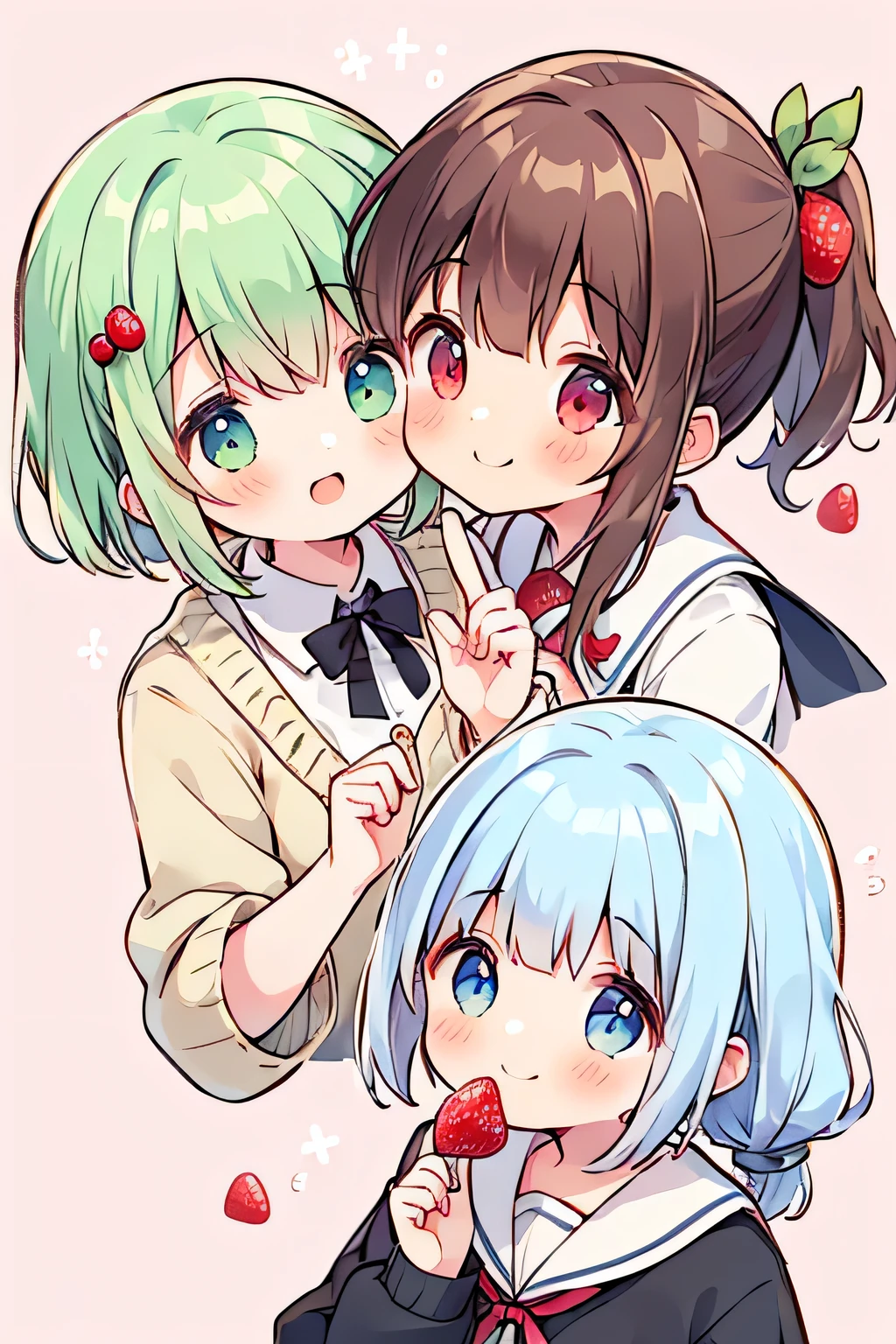  top quality、 Hi-Res、( high image quality:1.2)、 Masterpiece、 detailed background 、age beauty、 big size、(Highly detailed faces:1.2)、 detailed expressions 、( Details:1.2)、 anatomically correct、(Normal number of fingers:1.3)、 happy atmosphere 、Bright-colored hair、 braided bob cut 、 ponytail、
In the warm spring sunshine 、Pastel cardigan and fluffy swaying skirt、
( two girls enjoying picking strawberries :1.5)、 when one person picks a large strawberry, the other person starts searching for a loss 、 when one person picks a large strawberry, and the other person starts searching for a loss 、 shyly feeding each other 、 spring breeze gently shakes her hair 、 their cheeks are dyed slightly red and smiles spill out 、 sharing a happy time with sweet and sour strawberries 、 a beautiful and smiling spring moment 、 cute