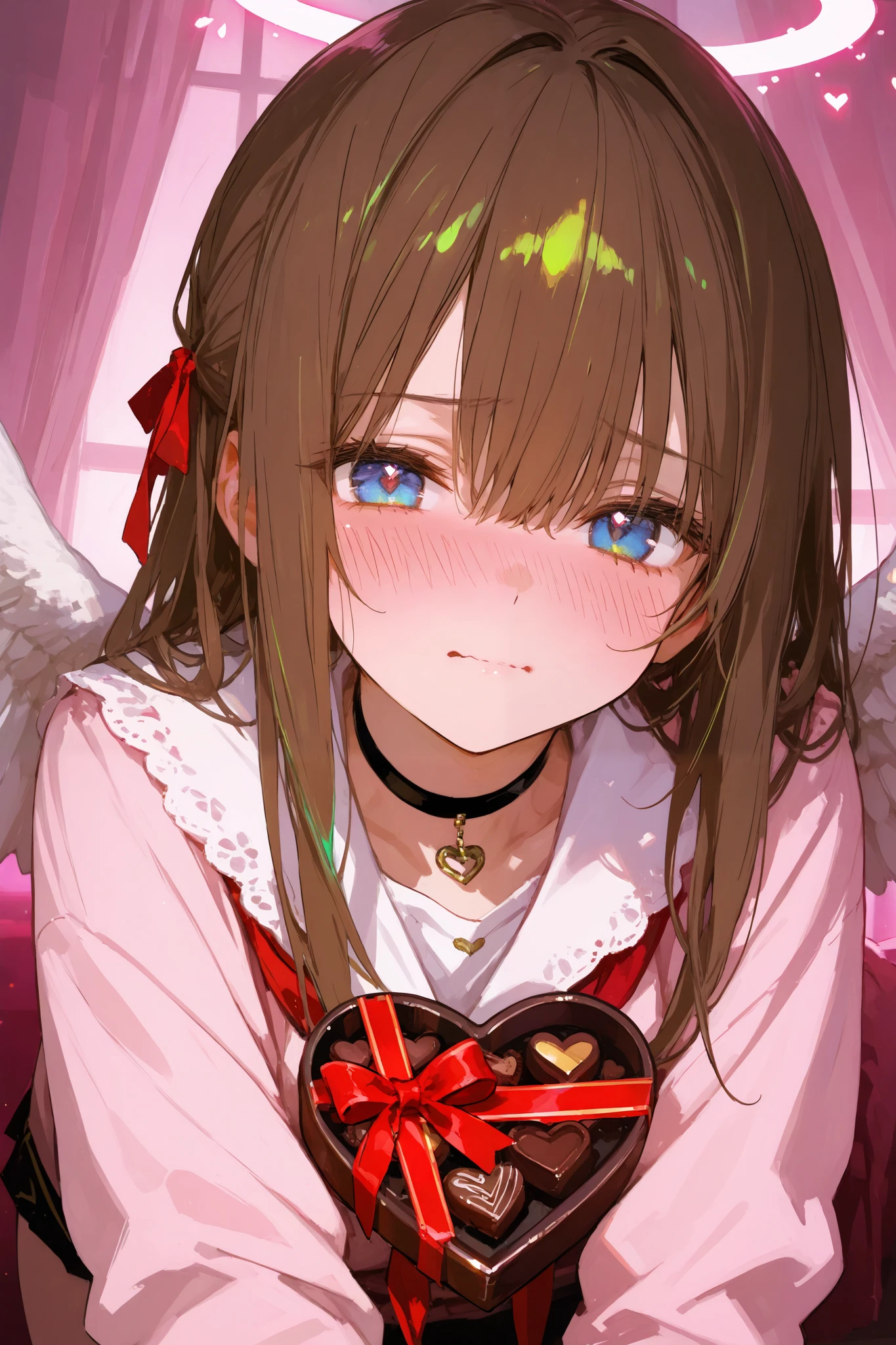 close-up shot, anime girl, embarrassed expression, flushed cheeks, brown long hair, blue eyes, black choker, sporty jacket with green accents, angel wings, offering heart-shaped chocolate with red ribbon, slightly leaning forward, soft pink romantic background with floating hearts, Valentine's Day theme, highly detailed, ultra-detailed, cinematic lighting, best quality, 8k resolution, Anime Style, Digital Painting, Glow Effect, Soft Lighting Effect