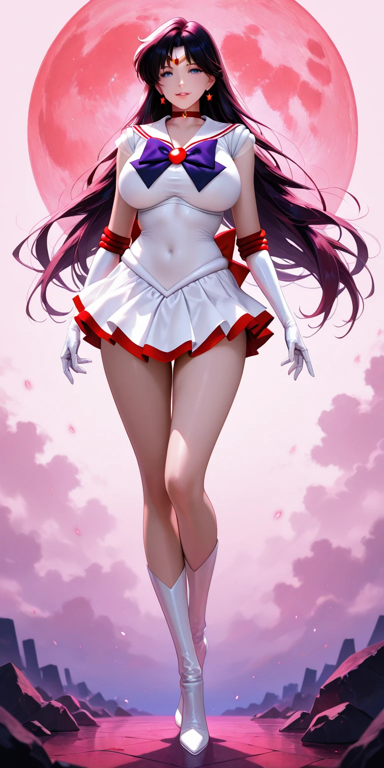 (((1 girl))) short hair, earings ,glossy lips ,team rocket uniform, red letter R, white skirt, white crop top, black thigh-high boots, black elbow gloves, evil smile, looking at viewer, cowboy shot, arms crossed, full body photo Mercedes von Martritz (Fire Emblem: Three Houses)