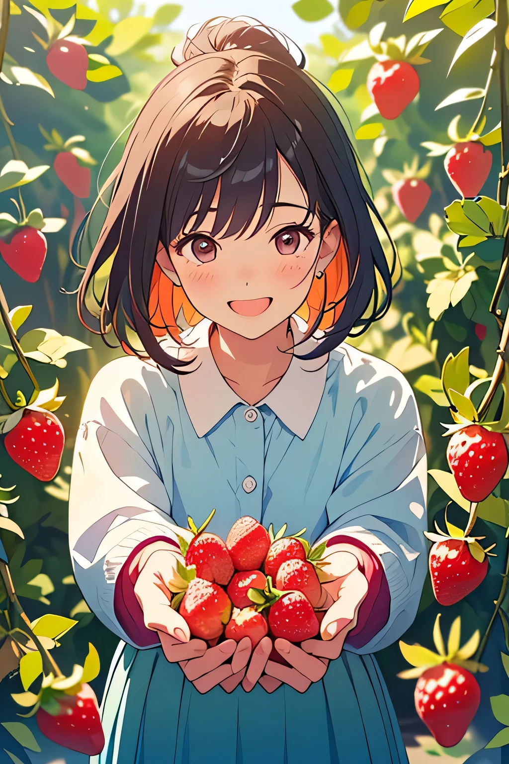  top quality、 Hi-Res、( high image quality:1.2)、 Masterpiece、 detailed background 、age beauty、 big size、(Highly detailed faces:1.2)、 detailed expressions 、( Details:1.2)、 anatomically correct、(Normal number of fingers:1.4)、 happy atmosphere 、Bright-colored hair、 braided bob cut 、 ponytail、
In the warm spring sunshine 、Pastel cardigan and fluffy swaying skirt、
( enjoying picking strawberries:1.5)、 when one person picks a large strawberry, the other person starts searching for a loss 、 when one person picks a large strawberry, and the other person starts searching for a loss 、 shyly feeding each other 、 spring breeze gently shakes her hair 、 their cheeks are dyed slightly red and smiles spill out 、 sharing a happy time with sweet and sour strawberries 、 a beautiful and smiling spring moment 、 cute