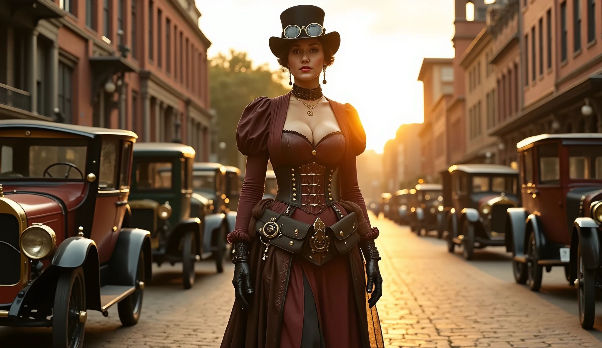 "prompt": "A realistic and well-defined photograph of models of 3 women dressed in steampunk fashion, of full length standing in an old street scene . She wears a Victorian-inspired tailoring suit , complete with a corset , a long layered skirt with intricate gears and metallic accents , and a top hat adorned with glasses . Her accessories include lace gloves , a leather belt with bags and high boots with buckles . The surrounding street is full of vintage cars from the beginning of the 20th century , with cobblestone pavement and brick buildings . The warm golden light of the late afternoon bathes the scene , casting long shadows and adding a nostalgic and timeless atmosphere . The model stands confidently , looking slightly to the side , with the setting sun highlighting the details of her outfit and the vintage cars behind her .", "Size": "1024X1792 "