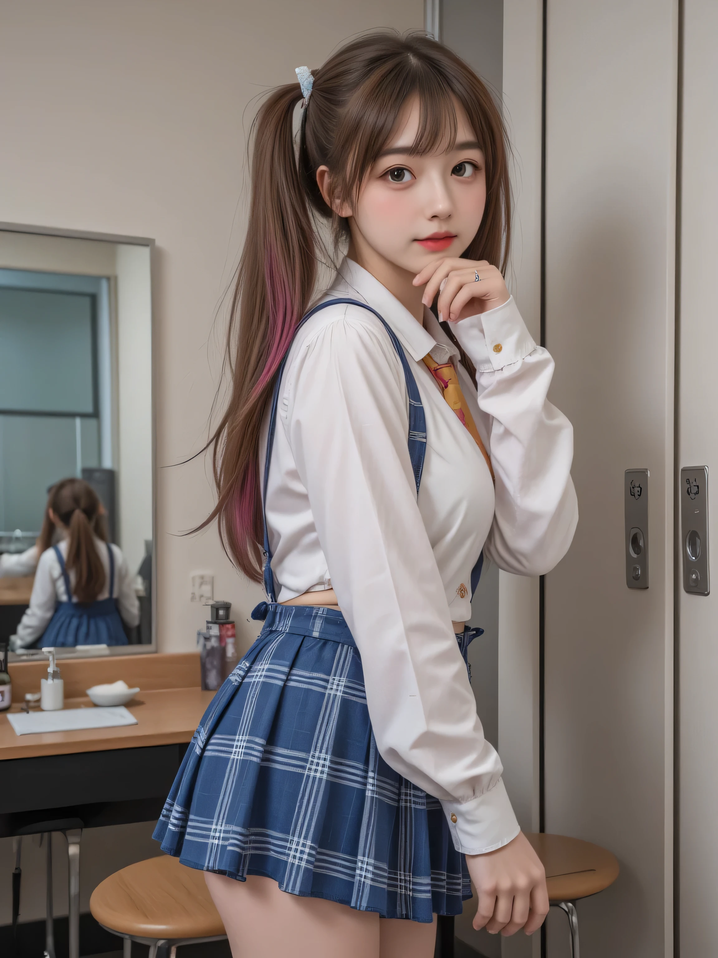 masterpiece,  top quality ,  illustrations,  super detailed ,  Details,  high res, 8k,wallpaper,  perfect dynamic configuration,(Detailed and high quality,  realistic depiction of eyes kissed in the changing room:1.3),  standing, High School Classroom, High school girl uniform, Cardigan, Super Short Check Uniform Skirt, Navy blue high socks, garterbelts, Colossal 、Disturbed uniform, twin tails,  in the background,  deep in the field,  medium breasts, (bare chest:1.2),  random hair color,  big natural color lips,  plump lips, lipstick, (cosmetics), Completate, Crying a little,  bold sexy pose, sexy body, Harajuku style,  20 year old girl ,  cutest type on women,  beautiful legs,  gravure idol, perfect eyes with perfect symmetry, perfect plump lips, flexible female form, film, light, super detailed, super practical, masterpiece, atmospheric, high resolution, dynamic, dynamic studio lighting, ((school class room background)), slightly leaning front with chest out, patient happy expression, straight bangs, blue eyes, nude, sex Evoking expressions, Plaid suspender skirt, Low-cut sheer striped dress, (Extra long hair:1.5, long twin tails:1.5),  multicolored hair, gradient hair, two-tone hair