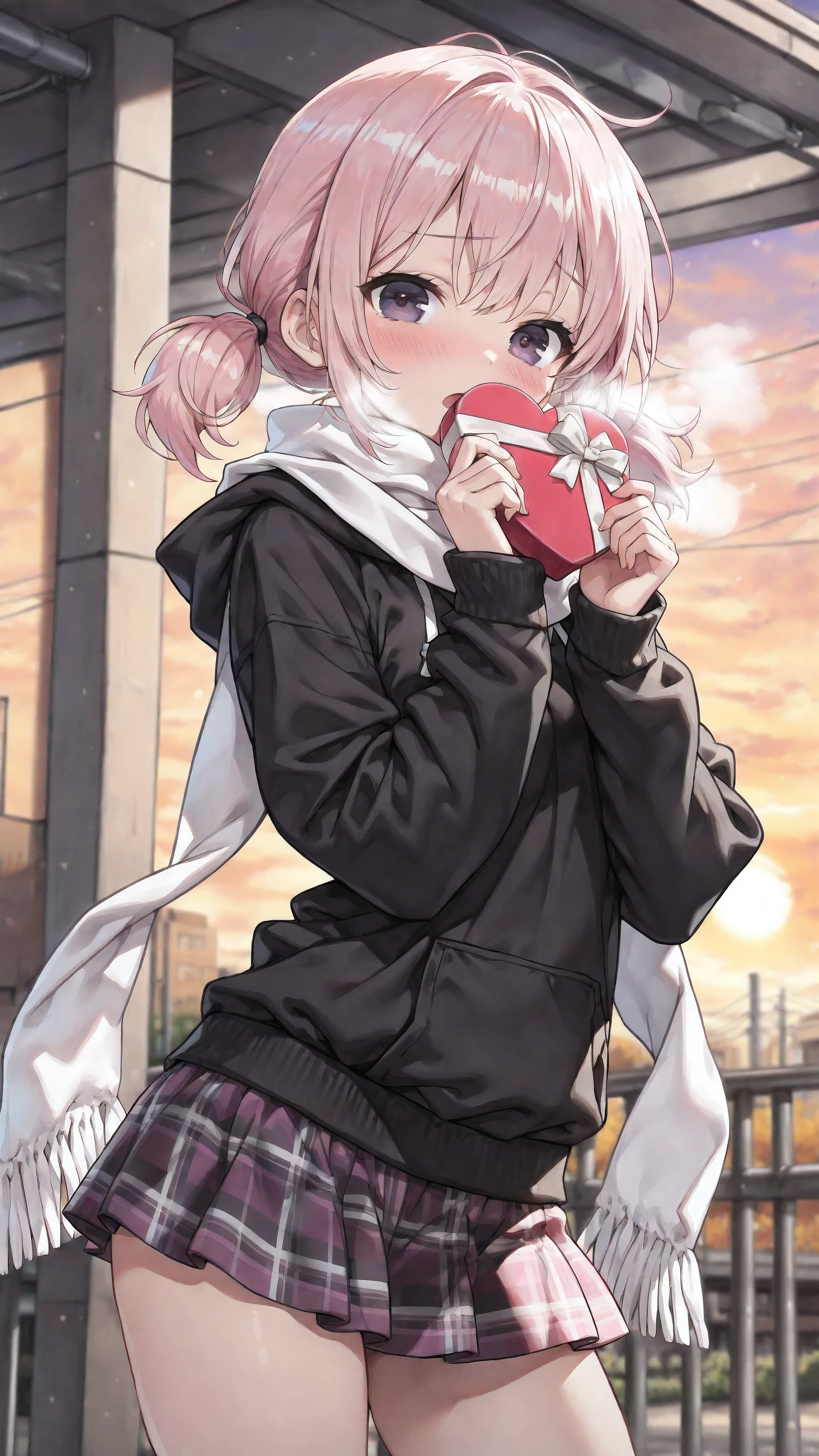 (masterpiece:1.2, highest quality), (Beautiful detailed eyes: 1.2), ((1 beautiful girl)), (Very detailed CG, super detailed), (very detailed and beautiful:1.1), (perfect details:1.1),
((Highly detailed dark purple eyes)), Highly detailed face, ((light pink short twintails)), ((light pink hair)),((dark purple eyes)),((low-knotted twintails))
watercolor \(medium\),(pastelcolor:0.4),(sketch:0.4),1girl,blush,vivid color collared shirts,plaid skirt,vivid color skirt,sunset outside background,,sunsetrandom color knit,((blurry)),embarrassed,long sleeve covering hands,thighs,standing,((very short skirt,mini skirt)),solo, accentuating thighs,((accentuating hip)),showing hip,hip,breast,random leg position,oversized black hoodie,black hoodie with white stripes,school uniform,((white scarf,very short scarf,both hands close to mouth, Opening mouth and exhale white breath)),white breath,looking at viewer,holding a heart-shaped present box,red present box