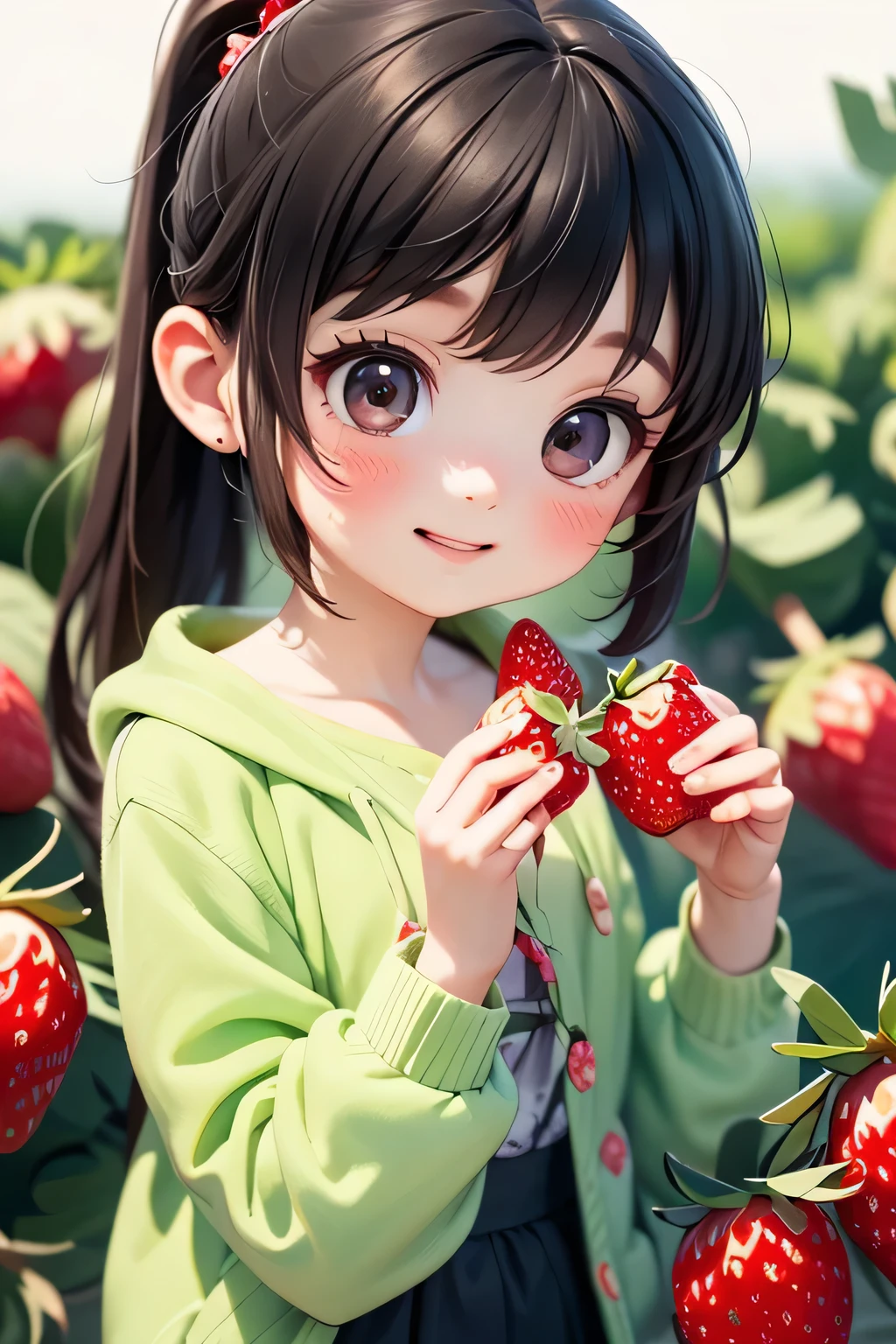 top quality、 Hi-Res、( high image quality:1.2)、 Masterpiece、 detailed background 、age beauty、(Highly detailed faces:1.2)、 detailed expressions 、( Details:1.2)、 anatomically correct、(Normal number of fingers:1.3)、 happy atmosphere 、Bright-colored hair、 ponytail、
In the warm spring sunshine 、Pastel cardigan and fluffy swaying skirt、
( enjoying picking strawberries:1.5)、 when one person picks a large strawberry, the other person starts searching for a loss 、 when one person picks a large strawberry, and the other person starts searching for a loss 、 shyly feeding each other 、 spring breeze gently shakes her hair 、 their cheeks are dyed slightly red and smiles spill out 、 sharing a happy time with sweet and sour strawberries 、 a beautiful and smiling spring moment 、 cute