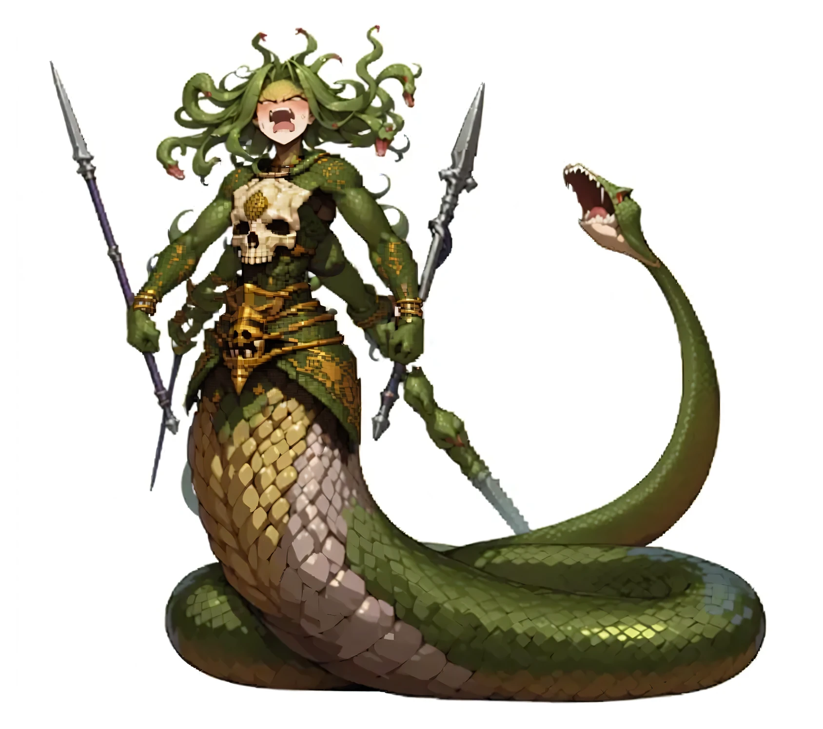heavy armor, 3d, pixel art, bracelets, skulls, rust, dirt, evil, macabre, ((snakes)) ((cobra))