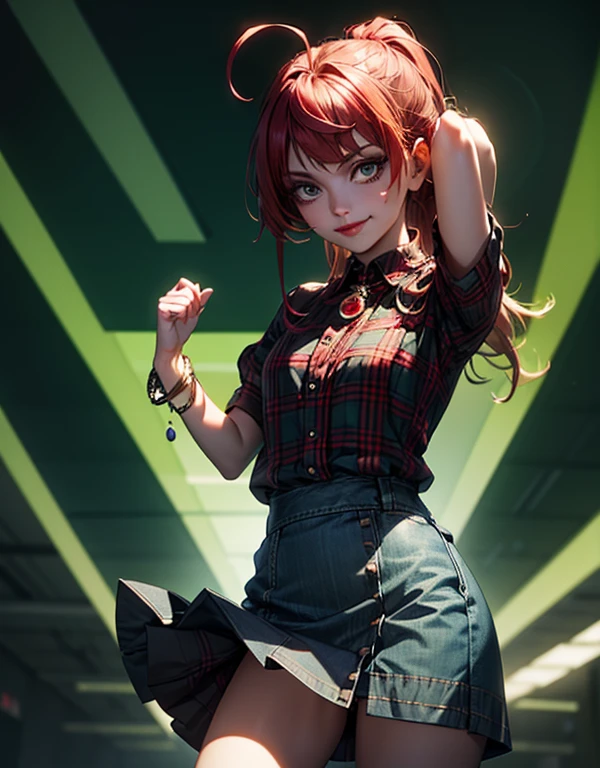 (masterpiece, best quality, hires, high resolution:1.2, 4k, 8k , high quality), extremely detailed, realistic, intricate details, highres, 1girl, solo, red long hair, blue eyes, blush, freckles, (large breasts, thick thighs, wide hips), arched back,(cinematic lighting, sunlight, perfect lighting, backlighting), eye-level shot, extreme close-up-shot, naughty look, looking at viewer,
stage, stage lights, spotlight, concert, audience, 
<lora:edgRaveGirls:1>, edgRavegirl, hoodie, black clothes, colorful, multicolored skirt, multicolored legwear, fur leg warmers, skirt, hood up