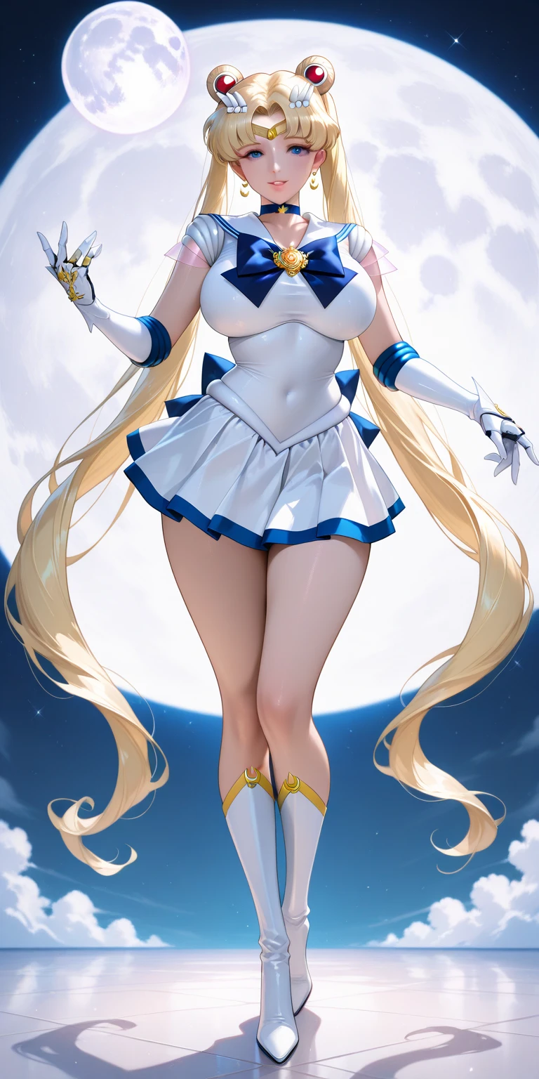 Sailor Moon anime character, adult woman, blond hair, blue eyes, long hair with two buns, heart-shaped face with white lingerie and high heels on a catwalk with an audience in the background