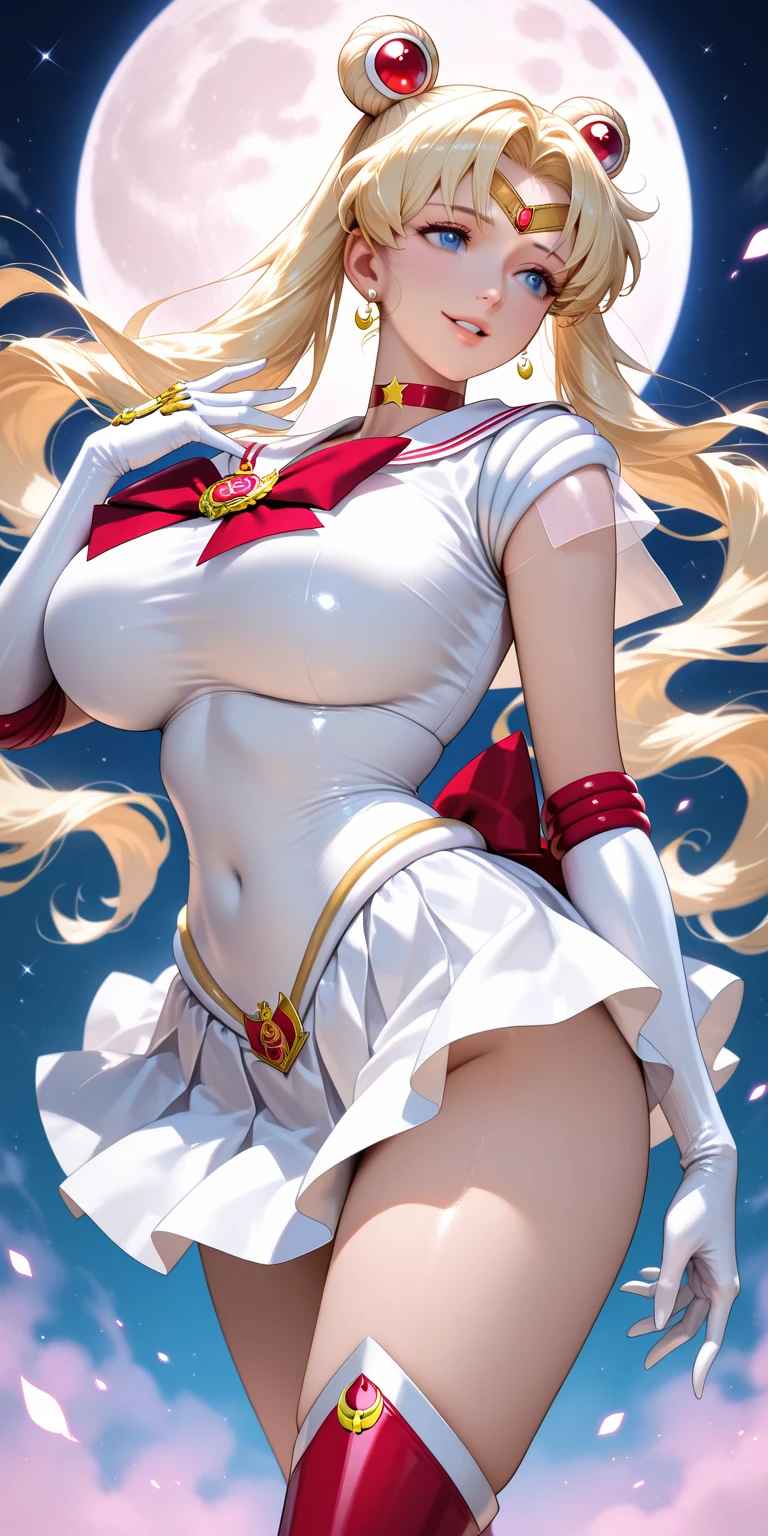 Browsing Caution,Tabletop、full:1.3、stand、8k、。.3d、Realistic、Ultra-microphotography、Highest quality、Wallpapers with extreme details CG Unity 8k、From below、Intricate details、(1 female)、28 years old、((Big Breasts:1.6)), (Sailor Moon:1.6 Super Bishoujo Senshi Sailor Moon Mer1、Hot Wind of the Underworld,land、Sailor Warrior Uniforms Sailor:1.5、Sailor Moon:1.5,Eternal Sailor Moon)、(Incredibly long, light blonde twin tails:1.4、thin and very long straight twin tail blonde, Hair Bun、Hair Bun用の赤い丸い髪飾り)、((Sailor Warrior Uniforms、Sailor collar,Praying Miniskirt:1.5、Glossy pleated mini skirt:1.3、Big red ribbon on chest,,,,,、White long latex gloves,Red gloves on elbows、A gorgeous golden tiara on her forehead、ear nipple ring,Luxury Gold Jewelry))、Extremely thin and fitted high gloss white holographic leather、High gloss white latex high leg swimsuit that shines like oil,(Facial details:1.5、Bright Blue Eyes、Beautifull expression、beautidfull eyes、Iris Contour, Shining Eyes、thin lips:1.5、thin and sharp pale eyebrows,、long and thick eyelash、Double eyelashes、thin, thin and muscular,,,、Small face、Tall and busty、Perfect Proportions、big breasts thin waist、Sexy model posing、Dynamic pose,Visible pores、Captivating smile、Perfect hands:1.5、Octane Rendering、Very dramatic photo、(Moon Divinity,Space Background、Moonlight Leyune、Dynamic Background、Exquisite light and shadow、Dynamic Angle、Detailed Background),Strong natural light、sunlight、Digital single-lens reflex camera、Sharp focus: 1.0、Maximum clarity and sharpness, Thighs