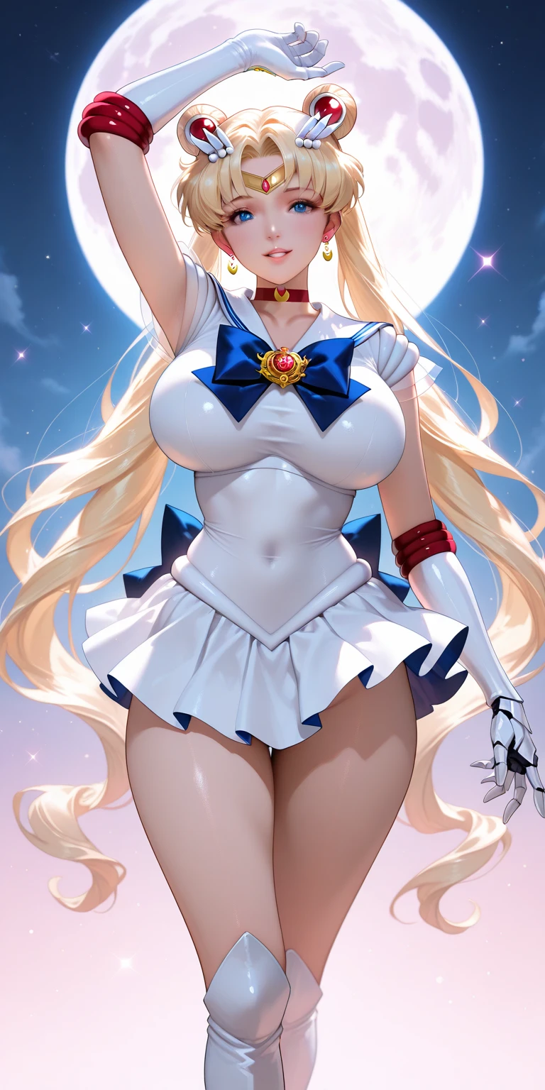 masterpiece, beautiful woman supermodel ,perfect lighting , (full body:1.3,wide shot),standing,space background, smirk, <lora:sailor_venus_v2:0.8> ,sv1, sailor senshi uniform, orange skirt, elbow gloves, tiara, orange sailor collar, red bow, orange choker, white gloves, jewelry,blue bow, <lora:add_detail:1>, <lora:breastinClass:0.5>