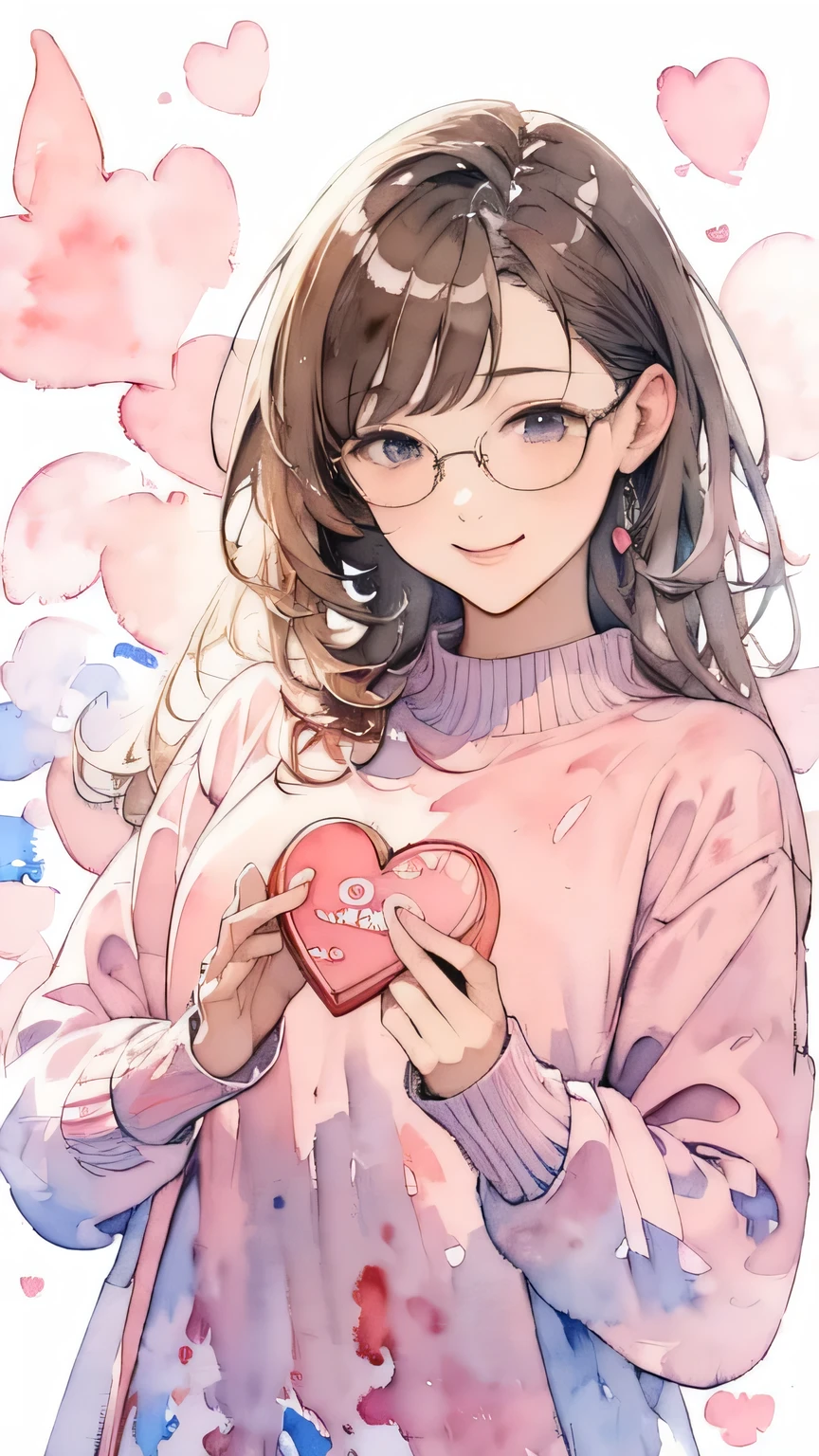 ( masterpiece),( top quality:1.2),( very well detailed:1.2),( Hi-Res),(((watercolor))),8k,Portrait of a woman smiling sweetly, holding a heart-shaped box 、 Valentine's Day、I have a chocolate present、 sweater、 knit 、Winter clothing、 long hair, transparent watercolor,shades,Bleeding,Blur