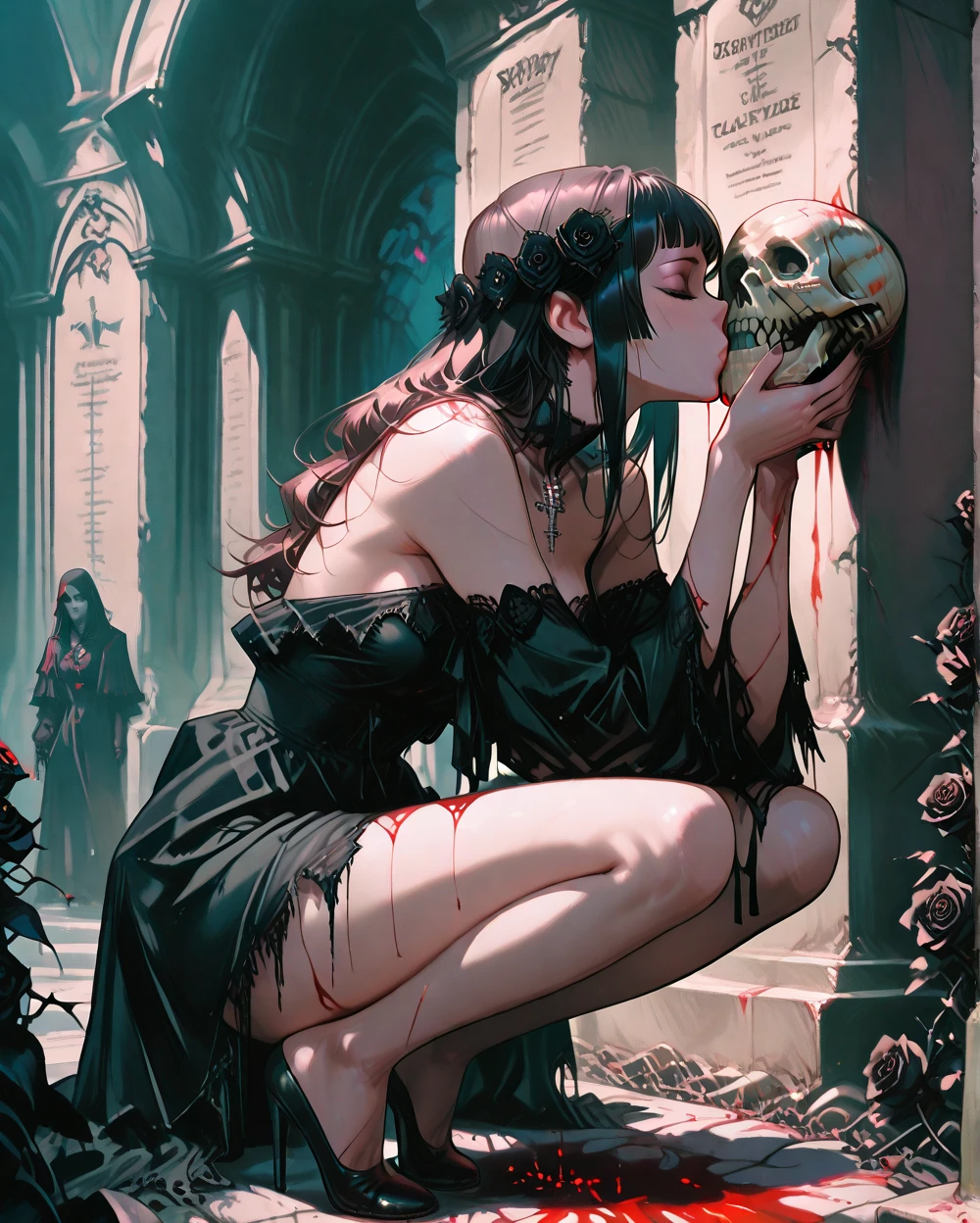 Side view of a kneeling on the floor looking down holding a rose, enormes asas de anjo, long hair covering her breasts barbed wire intertwining body and thighs blood on the thighs where the barbed wire passes