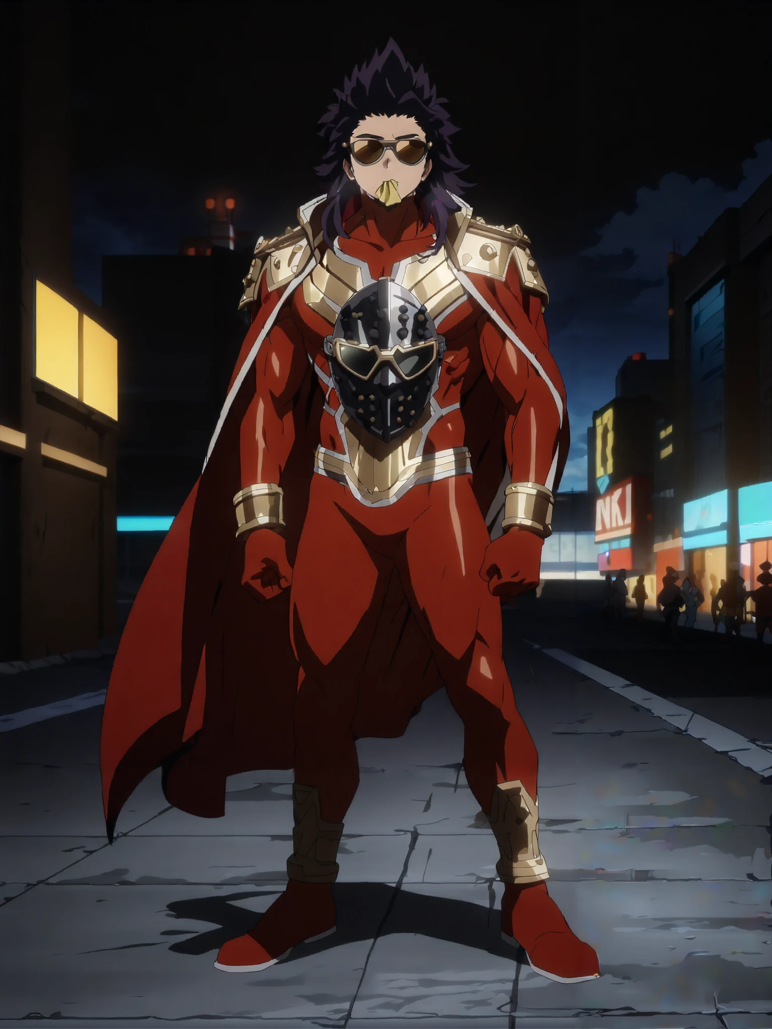(masterpiece, best quality, anime, anime coloring:1.3, superhigh res). (((Render full body portrait of male superhero, a man with a muscular build and tall height . . It has a predominantly red spandex suit with white and gold details . He is adorned with rocker-style sunglasses , a metal mask covering the mouth and has dark violet tufts of hair, almost black. . The stand also has a loose red cape attached to its shoulders .))). Big city avenue background, nighttime, Colorfull.

My Hero Academia character, MHA style, anime style, my hero academia, boku no hero academia, animated. Anime, Best Quality, Masterpiece, High Resolution, 4K, perfect body, perfect eyes, perfect eyes, Full Quality, colorfull, Looking at viewer, Anime, Anime Style, High Resolution.