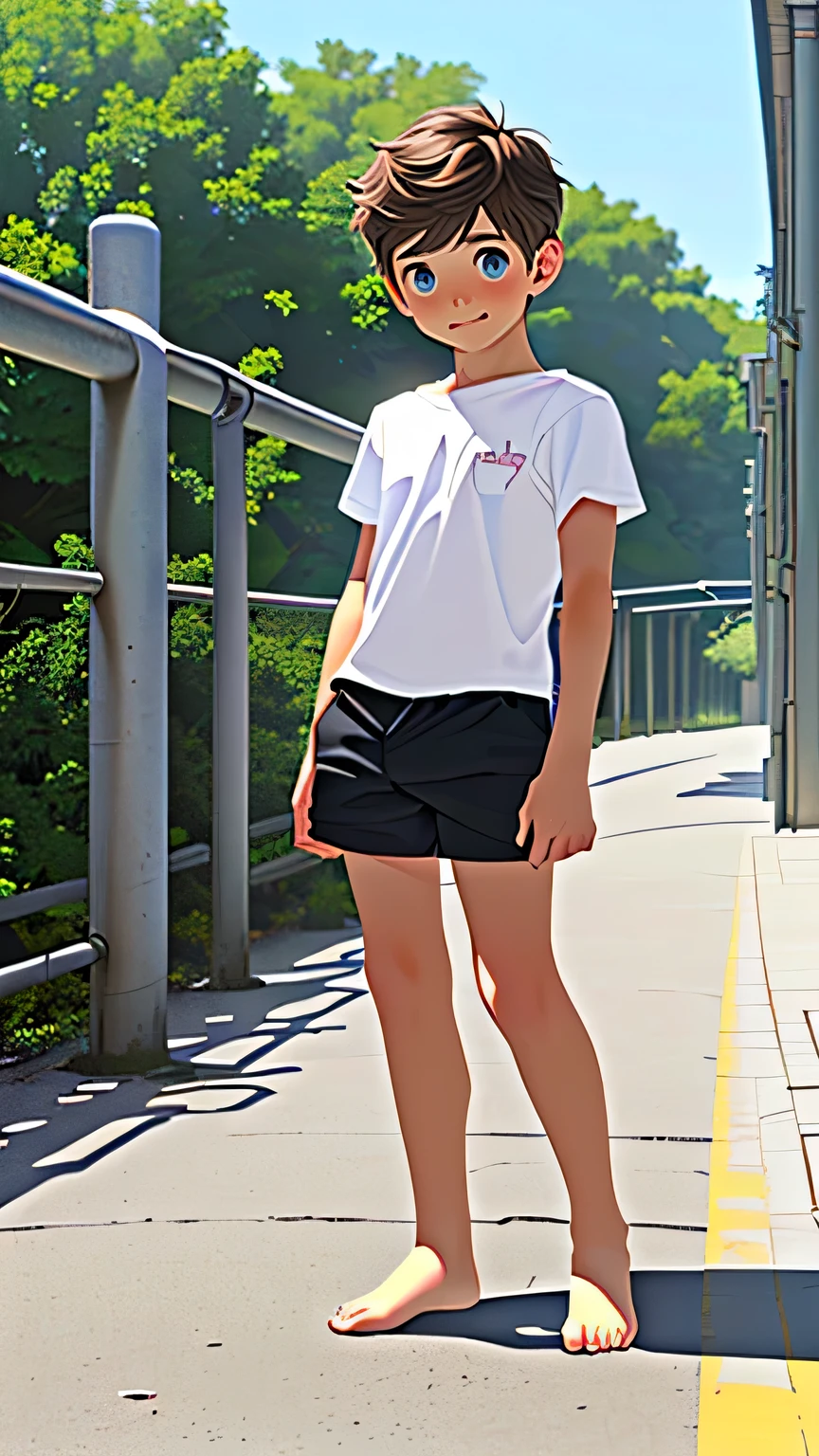 ((Full Body length image)), (((Safe for work))) (((full body shot))), Beautiful boy with freckles, correct anatomy, just wearing shirt and shorts,, looking at viewer, Tan lines, (natural dark blue Eyes color), slender underdevloped body shape, medium wavy brown hair,, cute, standing, wearing short grey shorts, .short wavy Brown Hair, High Resolution, Hair Between Eyes, Blush, Happy, Character Sheet Full-Length, (safe for work)