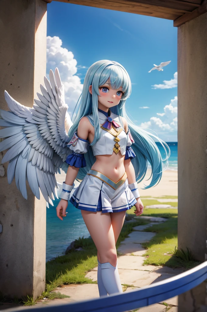 ((extreme detail)),(ultra-detailed), extremely detailed CG unity 8k wallpaper, best quality, <lora:Stocking-PSG:0.7>anarchy stocking, off shoulder corset dress, white striped thighhighs, hair bow, hand on hip, angel wings, from below, cowboy shot, heaven, clouds, disgusted, figma
