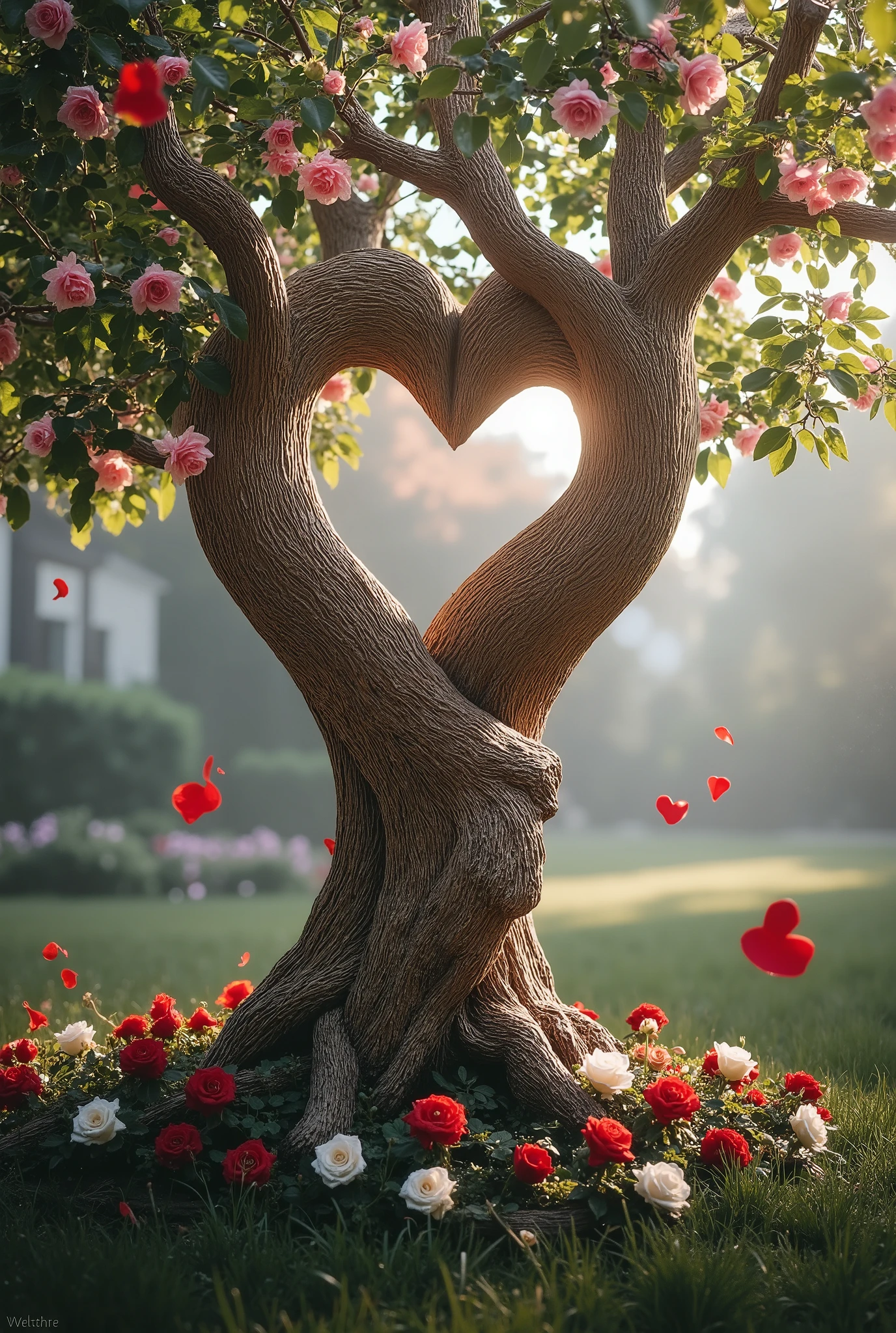 Two intertwined trees forming the shape of a heart, their trunks and branches carefully sculpted to resemble a loving couple locked in an intimate kiss. The bark texture mimics the delicate features of human figures, with the contours of faces and bodies seamlessly merging as they embrace in a tender union. Soft, glowing light filters through the misty, enchanted forest, illuminating the scene with a gentle, ethereal glow. Around the trees, a carpet of lush, vibrant roses in shades of red, pink, and white bloom, their petals delicately glistening with dew. The surrounding foliage is rich with deep greens, accented by hints of purple and gold, enhancing the dreamlike, magical atmosphere. Heart-shaped leaves float through the air like confetti, while soft beams of light dance across the forest floor, casting playful shadows on the ground. A serene, timeless atmosphere envelops the scene, evoking feelings of love, tranquility, and wonder, as if this perfect moment of romance is suspended in the air forever.
