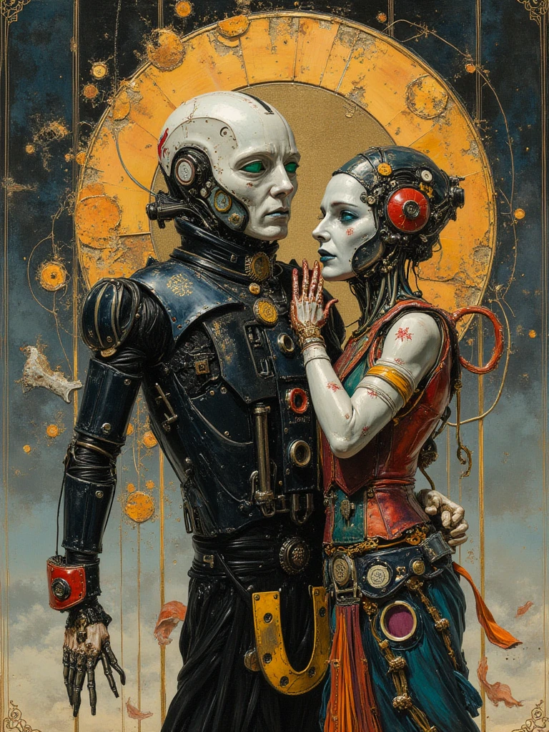 oil painting on canvas, modern Art, the painting abstractly shows the hidden love between a young cyborg girl and a young cyborg guy, perfectionism, (cybereroticism:1.7105), (romanticism:1.5), combination of mechanisms and living flesh, biotechnology, bioelectronics, (techno-erotica:1.6055), romance and relationships, High detail, A high resolution, Varus means, (Rob Gonsalves:1.3055), pastel palette