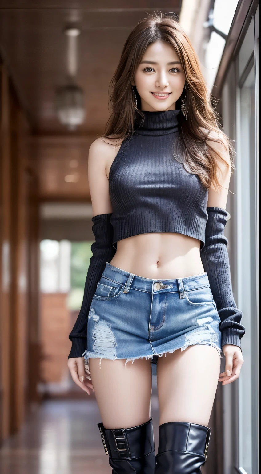8K, masutepiece, Raw foto, Best Quality, Photorealistic, Wallpapers with extreme details CG Unity 8K, depth of fields, Cinematic Light, lensflare, Ray traching, (Extremely beautiful face, Beautiful lips, beautidful eyes), intricate detail face, ((Ultra Detail Skin)) 1girl in, (Korean model Kim Daun, Dhoni), (Korean model Kim Daun, Dhoni), (Korean model Kim Daun, Dhoni), (Korean model Kim Daun, Dhoni), (Korean model Kim Daun, Dhoni),1 girl, (very thin muscular body:1.3), ((look up at viewer)),(huge smile:1.3), (blured background), A glimmer of light), (No people in the background.:1.3), Beautiful earrings, Clear eyes, Front shot, (pale-skinned), (Big eyes), (Big eyes) (Big eyes), (Big eyes), (Big eyes), Facing forward, (Full body shot), (ligh brown hair), Open the navel............, (look up at viewer:1.3), Very slim, a slender waist, small hips, , a slender waist, small hips, a slender waist, small hips, a slender waist, small hips, ((wide open abdomen))、((open abdomen))、((wide open navel))、((open navel))、((Bare belly))、((Mid-Riff Sweater))、((Ultra-low rise、Denim Mini Skirt))、 ((Navel Ejection))、((small hips))、((Full body depiction))、((small  hip))、(long boots)、((Ultra-low rise))、((Denim Mini Skirt))、((is standing))、)