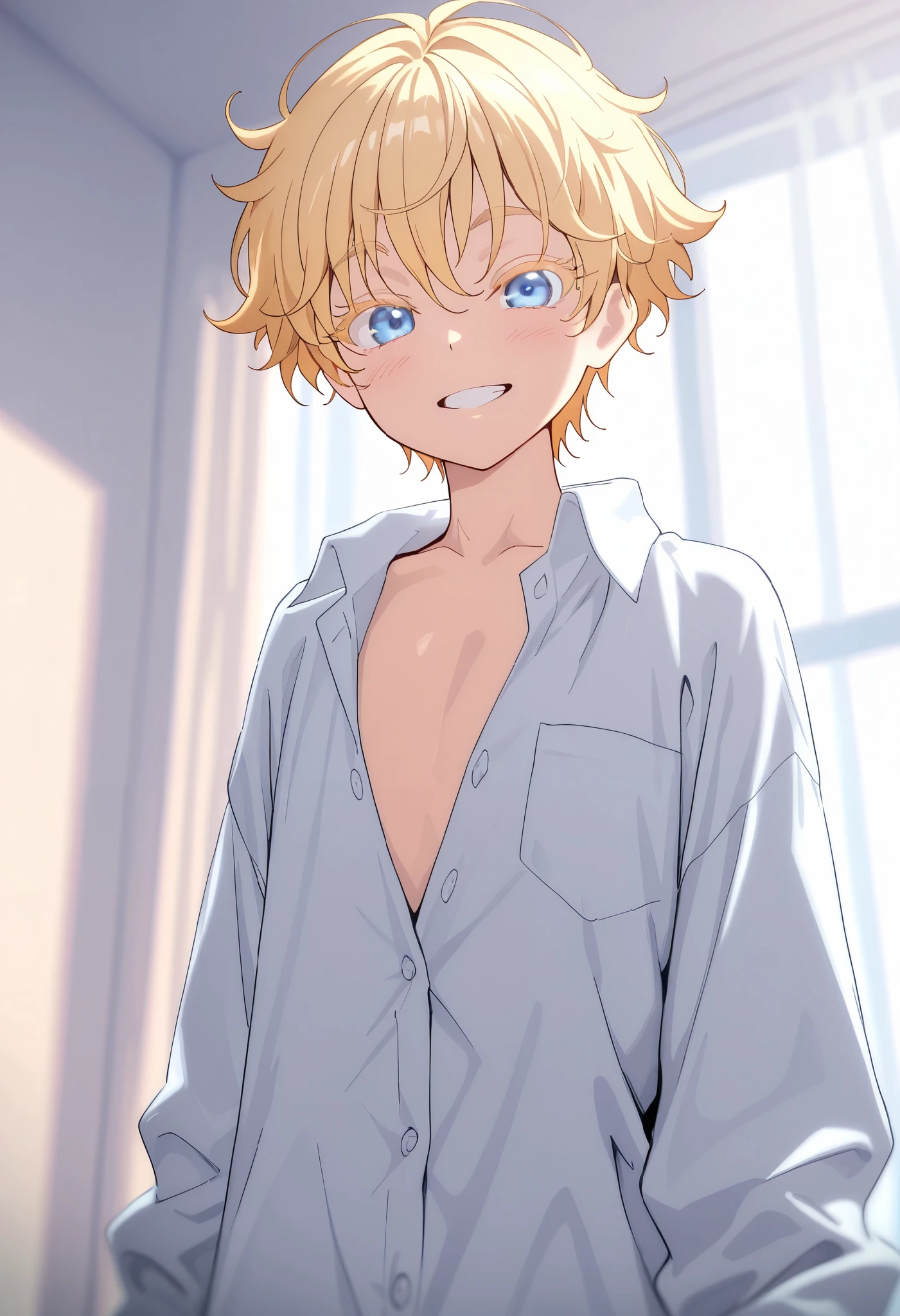 1boy, short messy boyish hair, blonde hair, colored eyelashes, blonde eyelashes, blue eyes, flat chest, wearing oversized dress shirt, smiling, cute