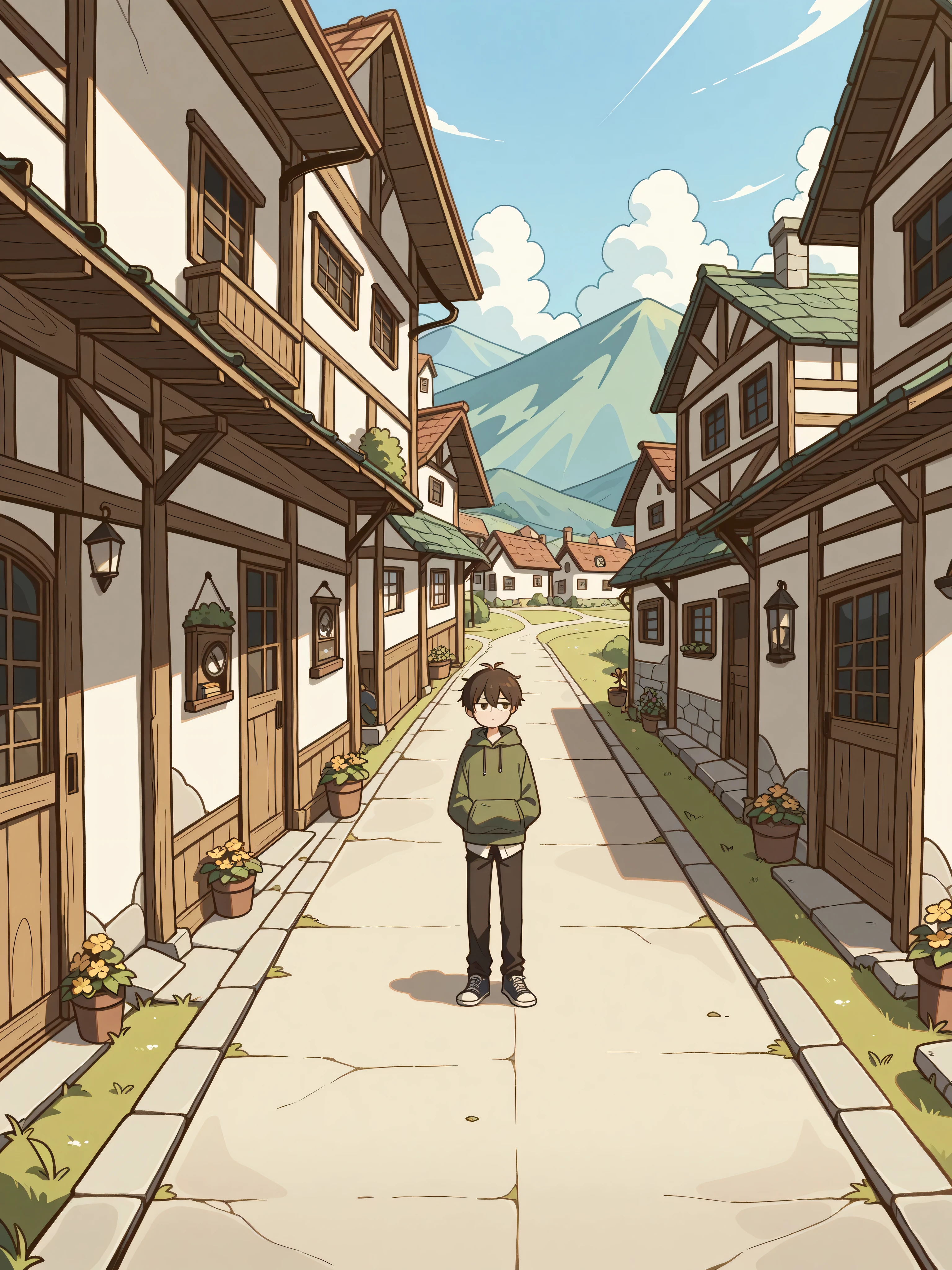 2D A small village with a boy standing there, looking lazy and bored
