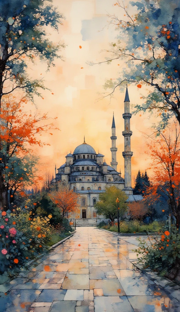 A masterful alla prima oil on canvas with textured paint strokes and wet-on-wet application depicting the (bubble) prayer (mosque) captured by ((alois arnegger)) amidst a flanked by flowering gardens.
