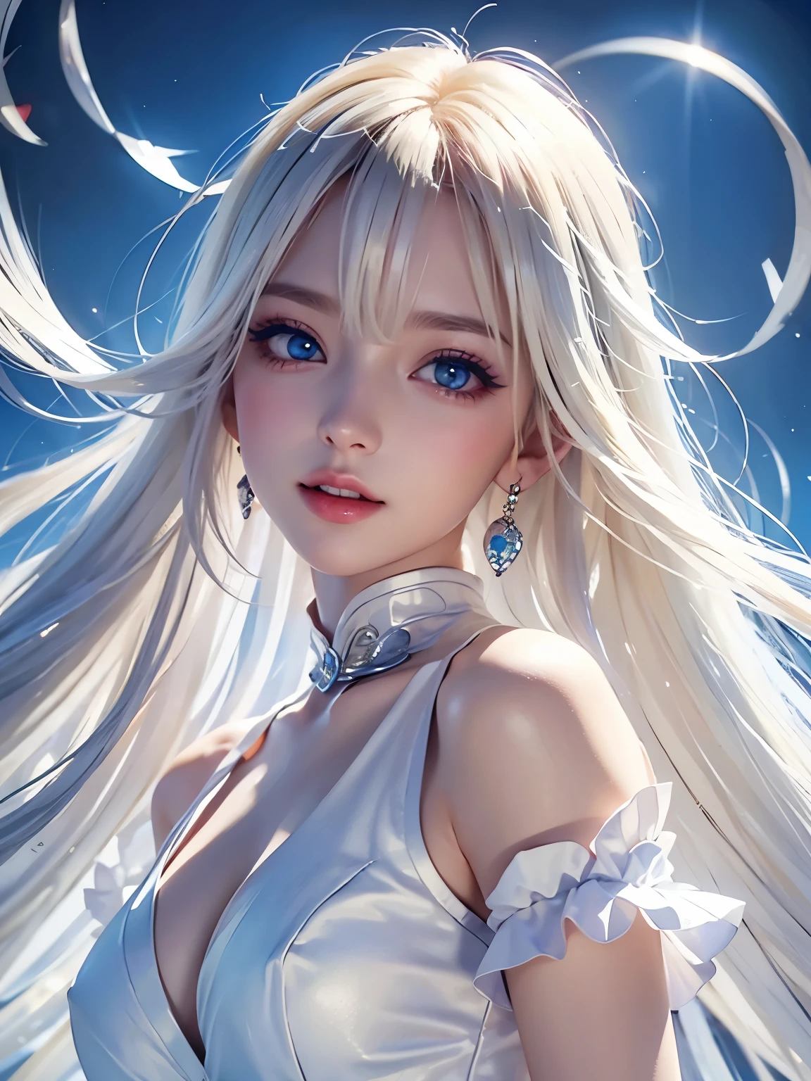 Beautiful white glowing skin, Unrivaled Beauty , bright, fresh and gentle look, perfect and beautiful pretty face , shiny platinum blonde silk super long straight hair, beautiful shiny bangs, very beautiful and beautiful girl , eyeliner, so perfect and beautiful , blue eyes like big clear sky, very beautiful bright eye highlights, (( 1 girl, Alone)), happy/joy, smile, has sparkling eyes,