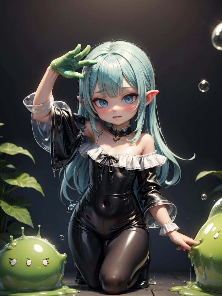 (blue slime girl:1.5), (arms and legs made of wood, slime skin, green hair reminiscent of leaves.1.2), anime style ,magic circle, model pose, wide shot, masterpiece, best quality, ultra detailed, high resolution, full body shot