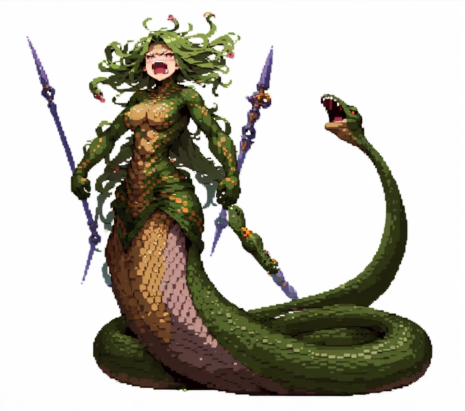 Retro video game style, pixelated, vibrant colors, 8-bit characters, sharp lines, detailed shading, classic gaming vibe, nostalgic atmosphere Masterpiece:1.2, ultra-detailed, illustration style. 2D texture, 4K, v Very detailed  texture, (close up:1.2)  (dark fantasy)) (front view:1.4)
Texture Detail: High resolution with intricate details
((score_9, score_8_up, score_7_up, masterpiece, best quality, newest, absurdres, highres)), (medusa:1.2) ((cobra hair, lamia, snake tail, screaming, monster woman:1.4) . (pixel art:1.4) (video game low resolution:1.1) (low poly:1.1)