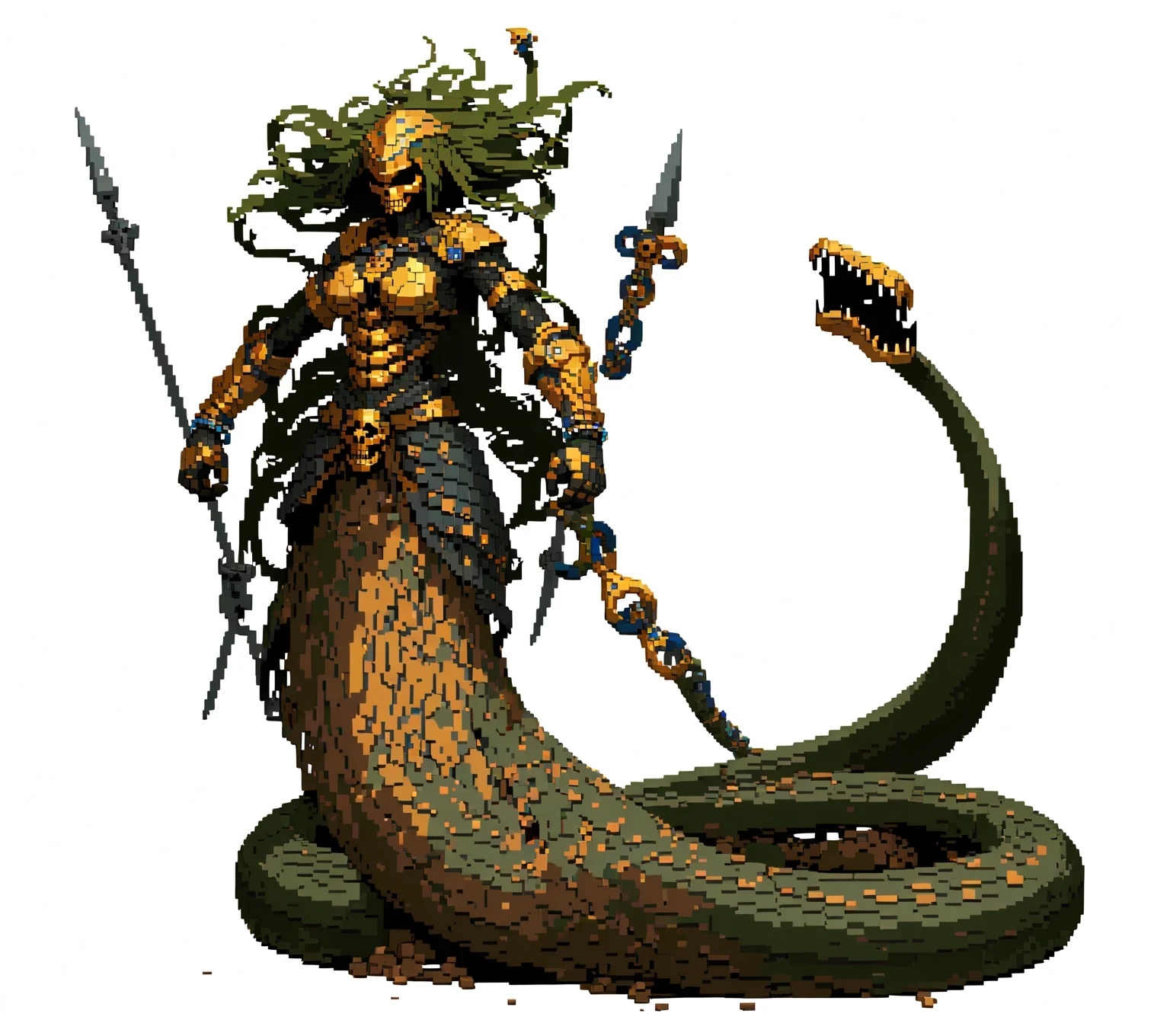 heavy armor, 3d, pixel art, bracelets, skulls, rust, dirt, evil, macabre, ((snakes)) ((cobra))