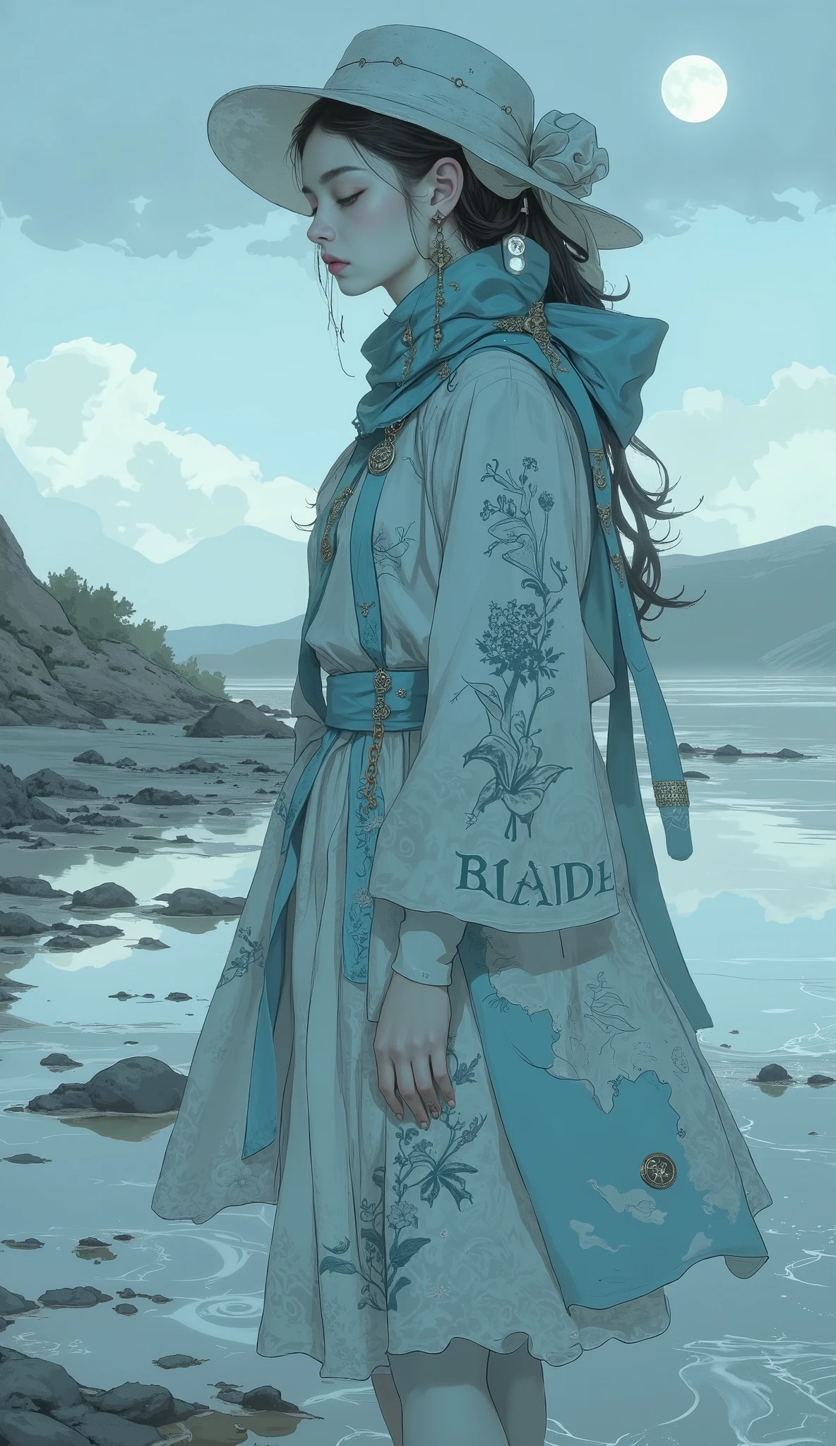 close-up of a person standing by the water near the beach, digital art by Li Song, Tumbler, digital art , A girl made of fog walks on the water , Flying Ghosts , Pale Ghost Girl , La Llorona , ghostly figure, The girl's ghost , Mysterious Girl, Mysterious Figures , she is walking on a river, A beautiful young spiritual being