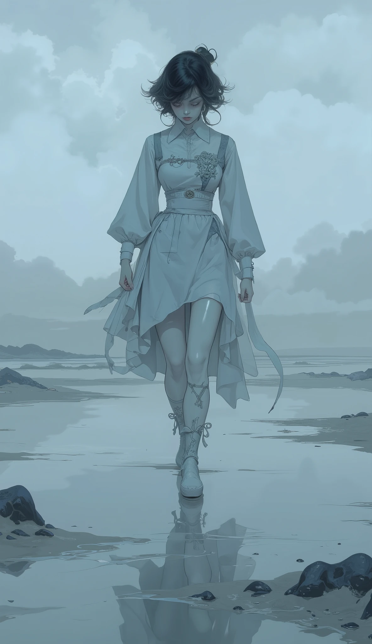 Close up of a woman standing on the beach, digital art by Li Song, Tumbler, digital art , Closeup of a woman standing on the beach with fog in the shape of a girl walking on the water , Flying Ghosts , Pale Ghost Girl , La Llorona , ghostly figure, The girl's ghost , Mysterious Girl, Mysterious Figures , she is walking on a river, A beautiful young spiritual being