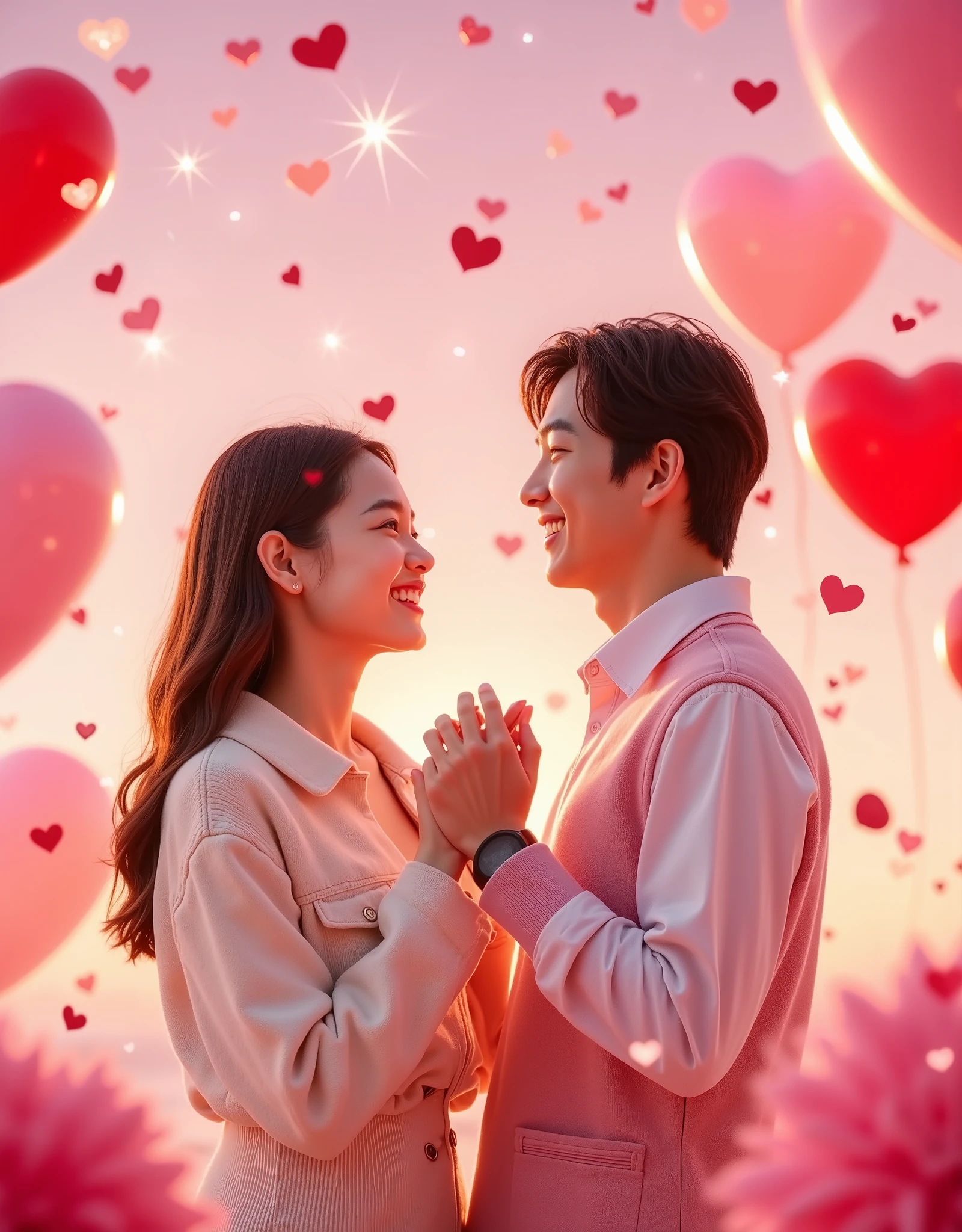 A romantic Valentine's Day dental care advertisement. A young Korean couple with fair skin holding hands showing their bright and perfect smiles, surrounded by pink and red hearts in the foreground and background. The background is soft pastel pink with headlamps and sparkling bokeh. The atmosphere is warm and fun. Realistic shot from a DSLR camera.