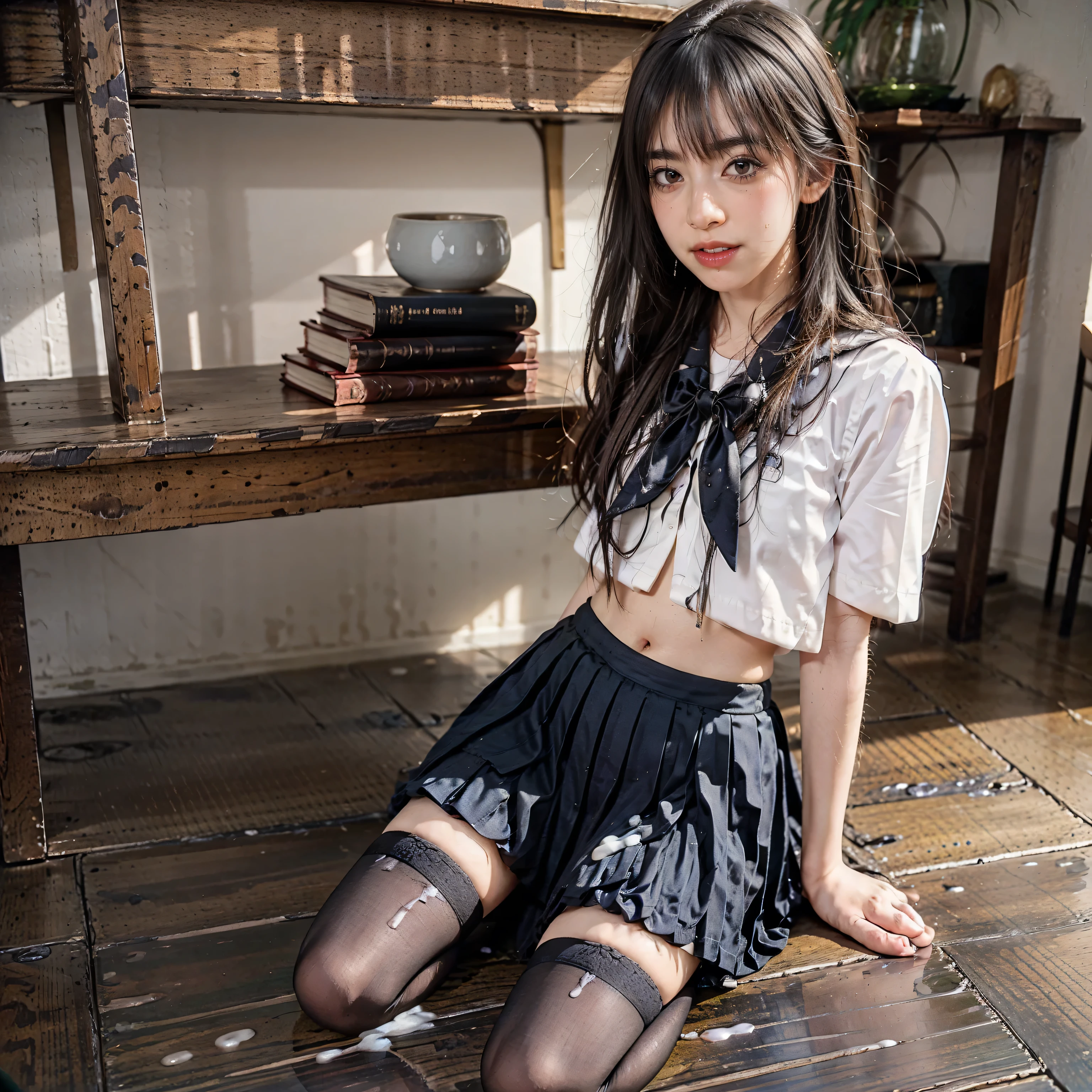 (Masseter muscle area:1.3)、(highest quality:1.4)、超A high resolution、(eye)、(Facial feature details)、(Clothing feature details)、Hmph、8k resolution、Focus Only、bangs、Exactly、(Shiny skin) )、(Slender girl)、Vibrant、(Highly detailed illustration)、Check the comments、Request for Comments、(In the school classroom、blackboard、window、Desk and chair)、No text、Virtual Girl Lynn、(smile、Embarrassed look、Confused expression、Respect)、(Soft Breasts、rounded protrusion in the middle of the areola,、Small areola)、(Black-haired、Ponytail and ribbon)、choker、1 mother、cute、high school girl、(Her chest is covered by a sheer white sailor uniform.、Dark blue pleated mini skirt) 、、(Black knee-high socks that cover the calf to the toes、Student loafers)、(Bend both knees and squat down、Spread your legs、A straight neck with a straight back and hips)、((Squatting in a transparent puddle on a desk、Spread your legs and look at the puddle,,、There is a clear puddle 45cm below the waist.))、　(Her genitals and anus、Covered in tiny, see-through, wet white underwear、Liquid dripping from the crotch)、A person appears on the screen、The right number of limbs、Hold your posture with your hands to accentuate your anus、View from behind、横eyeで振り返る、