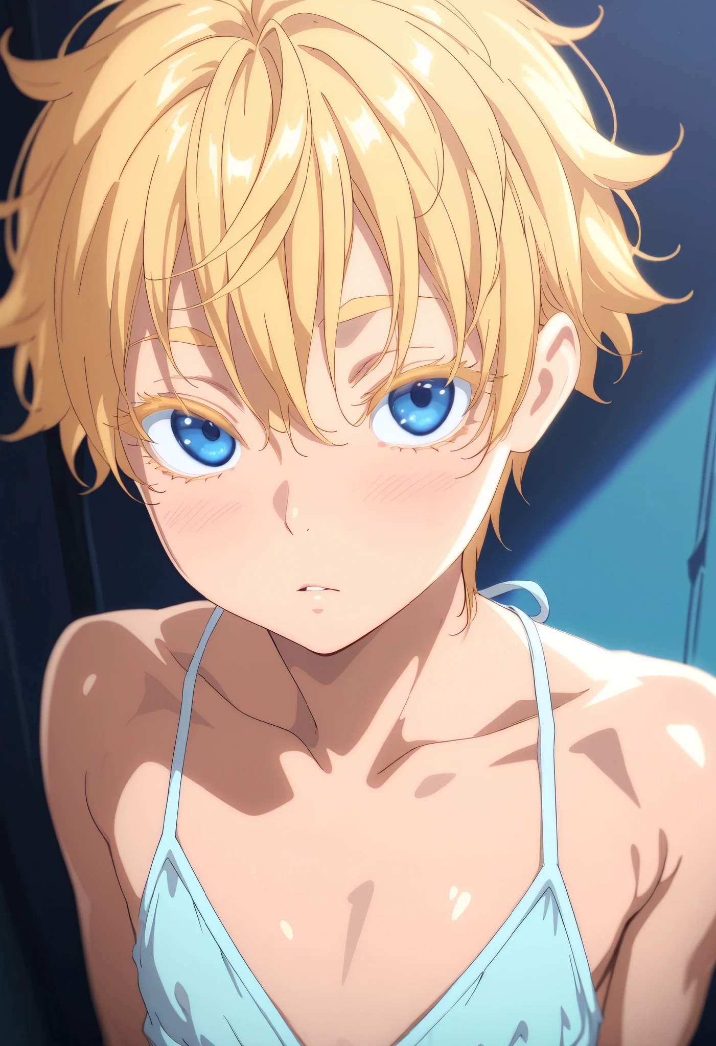 1boy, short messy boyish hair, blonde hair, colored eyelashes, blonde eyelashes, blue eyes, flat chest