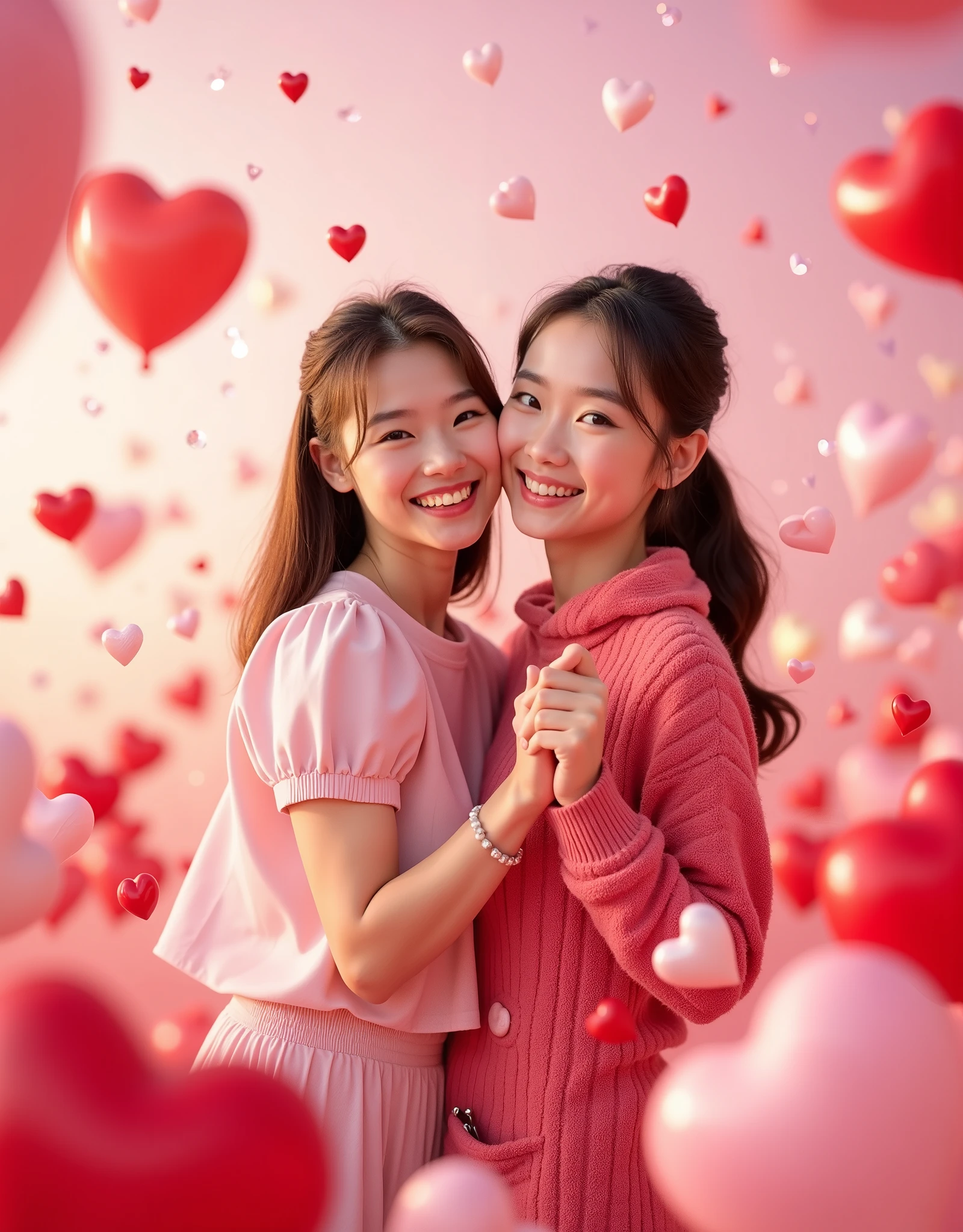 A romantic Valentine's Day dental care advertisement. A young Japanese couple holding hands and showing off their bright, perfect smiles, with pink and red hearts in the foreground and background. The background is a soft pastel pink with headlamps and sparkling bokeh. The atmosphere is warm and fun. Realistic shot from a DSLR camera.