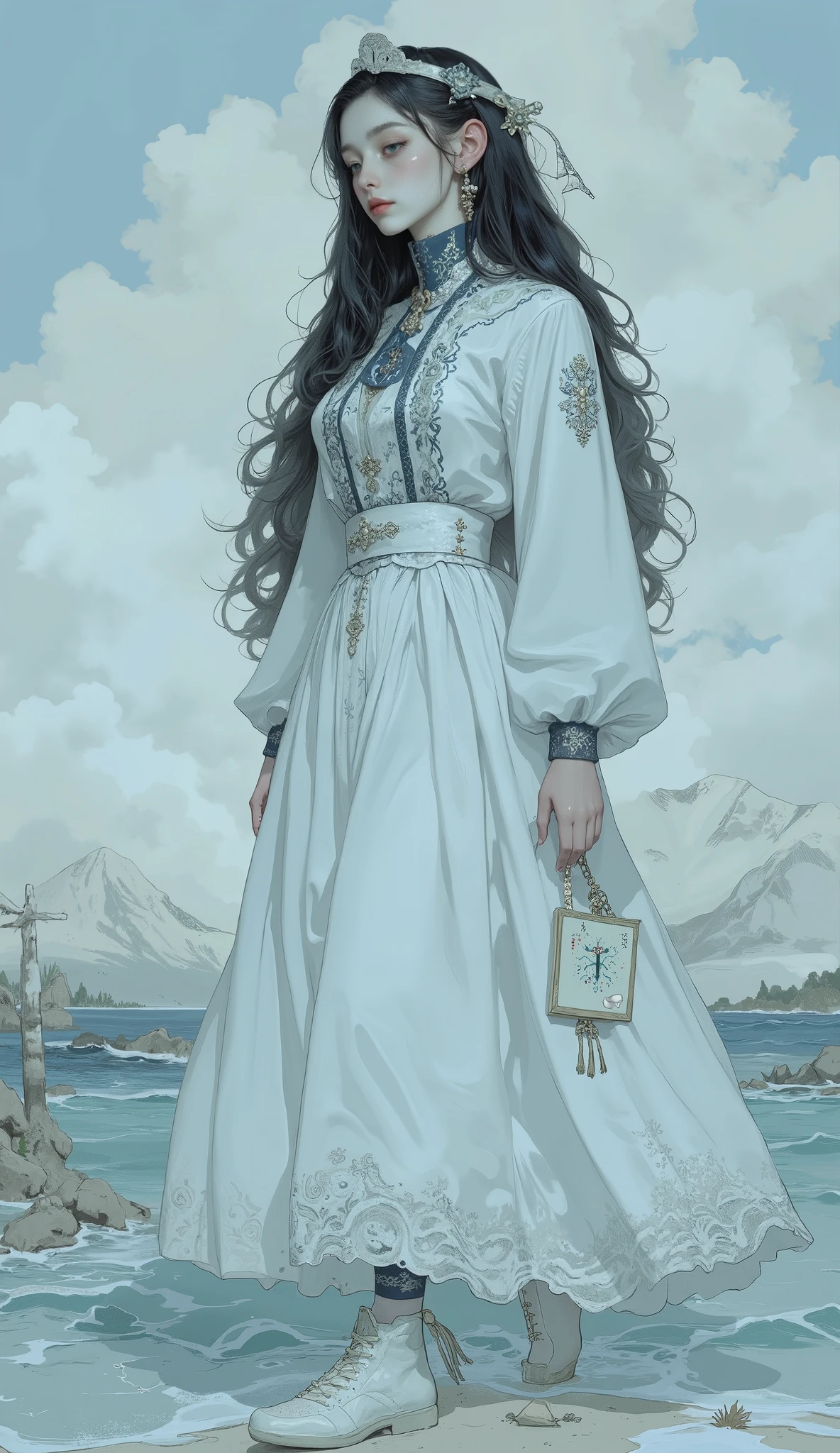 close-up of a female ghost standing on the beach, digital art by Li Song, Tumbler, digital art , White fog is shaped like a girl and walks on water , Flying Ghosts , WHITE GHOST GIRL , La Llorona , The appearance of a ghost, The girl's ghost , Mysterious Girl, Mysterious Figures , she is walking on a river, A beautiful young spiritual being