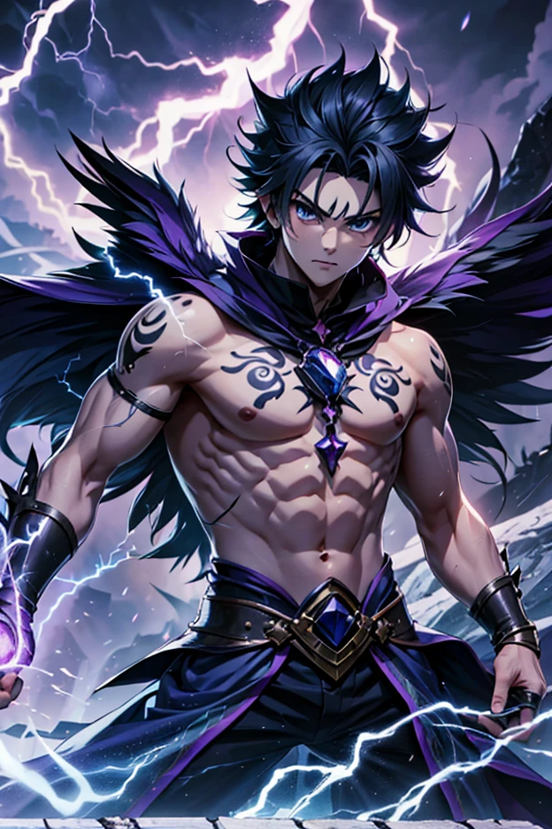 Teenage boy, spiky hair, long hair, bright blue hair, shining blue eyes, dark blue skin, muscular chest, two pairs of blue horns, big wings, tattoos on the body, crossed arms, electric aura