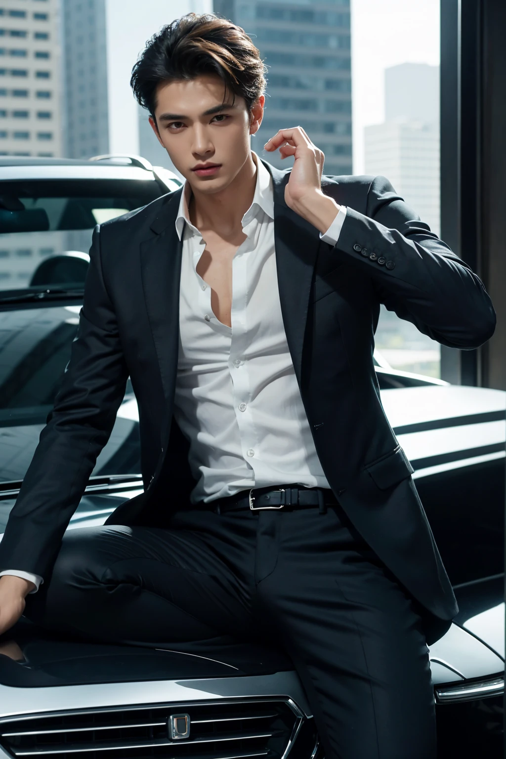 man, as mafia boss, tall and fit, with short black hair, while modeling, sexy, in different positions, whole body.