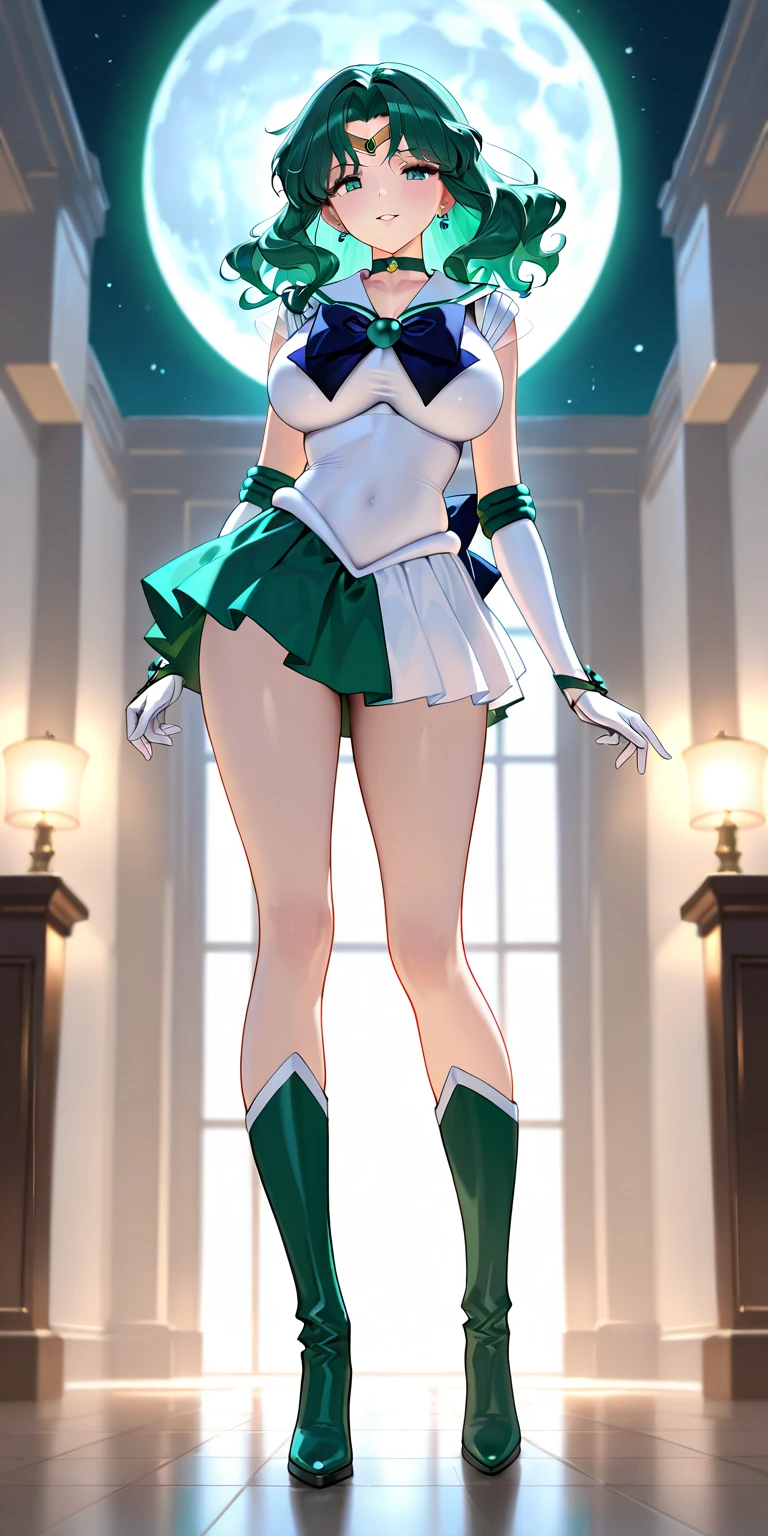 EPsmSailorjuiter, Brown ponytail hair, blue eyes, circlet, choker, earrings, グリーン sailor senshi uniform, white elbow gloves, yellow bow, Green skirt, Green heels, looking at viewer, serious, smirk, squatting, Open your thighs wide to the left and right, Showing off your pantyhose crotch to the viewers, arm behind head, inside living room, soft lighting, high quality, masterpiece,