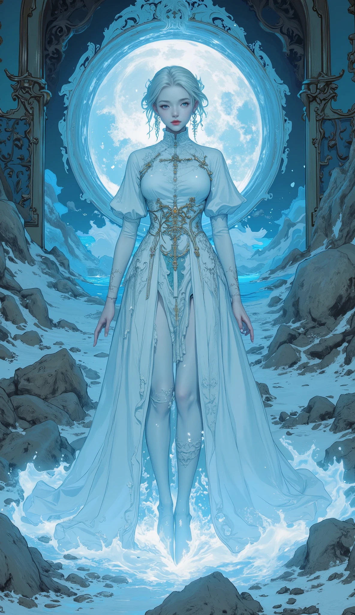 The ghost of a woman in a white dress is standing in the air, white shining aura , Ethereal Anime, Ethereal Essence , Artgerm and Atey Ghailan , A beautiful young spiritual being , Charlie Bowert-inspired art style, Mysterious glow, Kicking white hair , Shining Aura Around Her , Pale Ghost Girl , of a woman in a blue dress sitting on a throne , Spiritual Aura