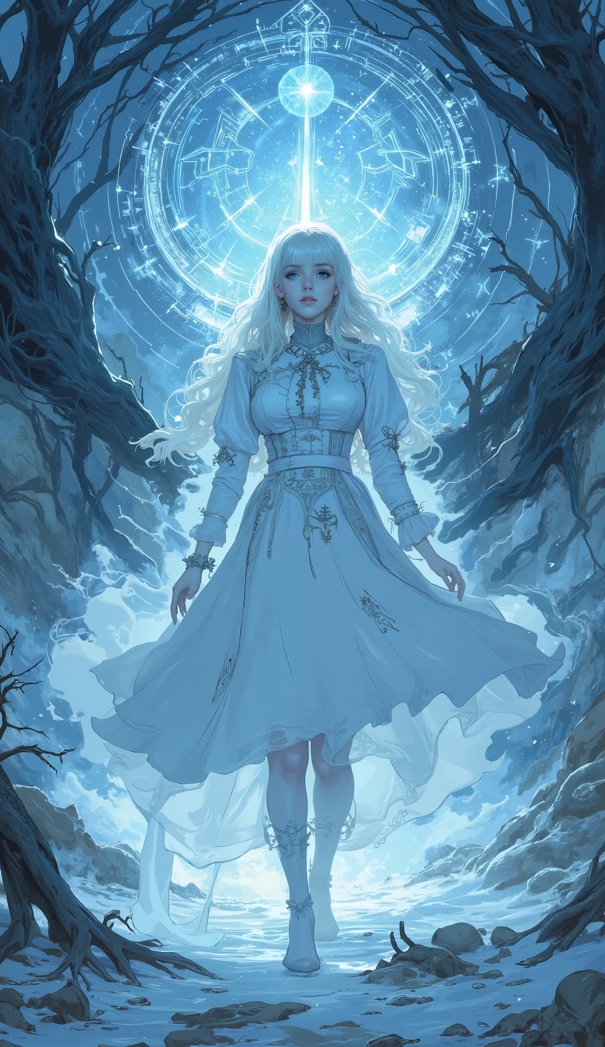 The ghost of a woman in a white dress is standing in the air,  white shining aura , Ethereal Anime,  Ethereal Essence , Artgerm and Atey Ghailan , A beautiful young spiritual being ,  Charlie Bowert-inspired art style, Mysterious glow, Kicking white hair  ,  Shining Aura Around Her ,  Pale Ghost Girl  ,  of a woman in a blue dress sitting on a throne ,  Spiritual Aura 