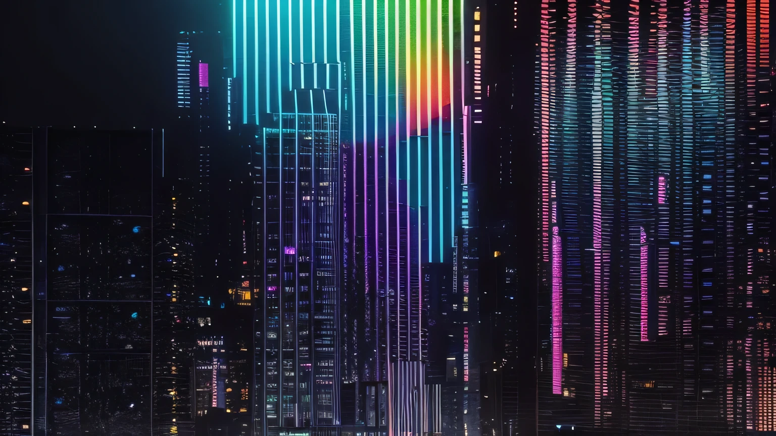 A glitched matrix open room, tokyo and buildings, neon colours, broken camera and glitch effect