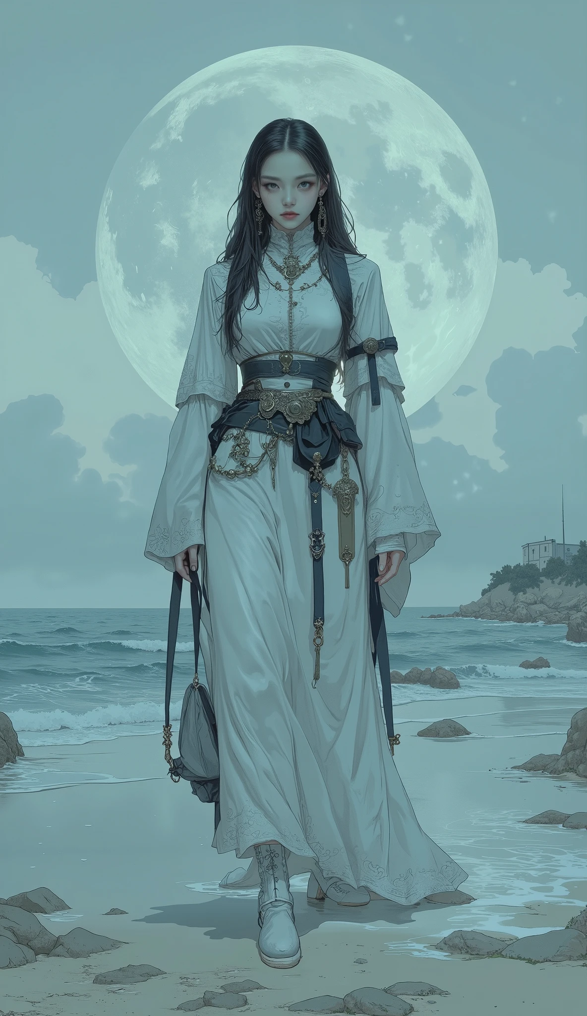  close-up of a female ghost standing on the beach,  digital art by Li Song, Tumbler,  digital art , 白いfogが女の子の形をしており水上を歩く, Flying Ghosts  , WHITE GHOST GIRL  , La Llorona , The appearance of a ghost, The girl's ghost , Mysterious Girl, translucent、fog、 Mysterious Figures  , she is walking on a river, Beautiful peninsula-like presence 、 partly dissolved in the atmosphere 