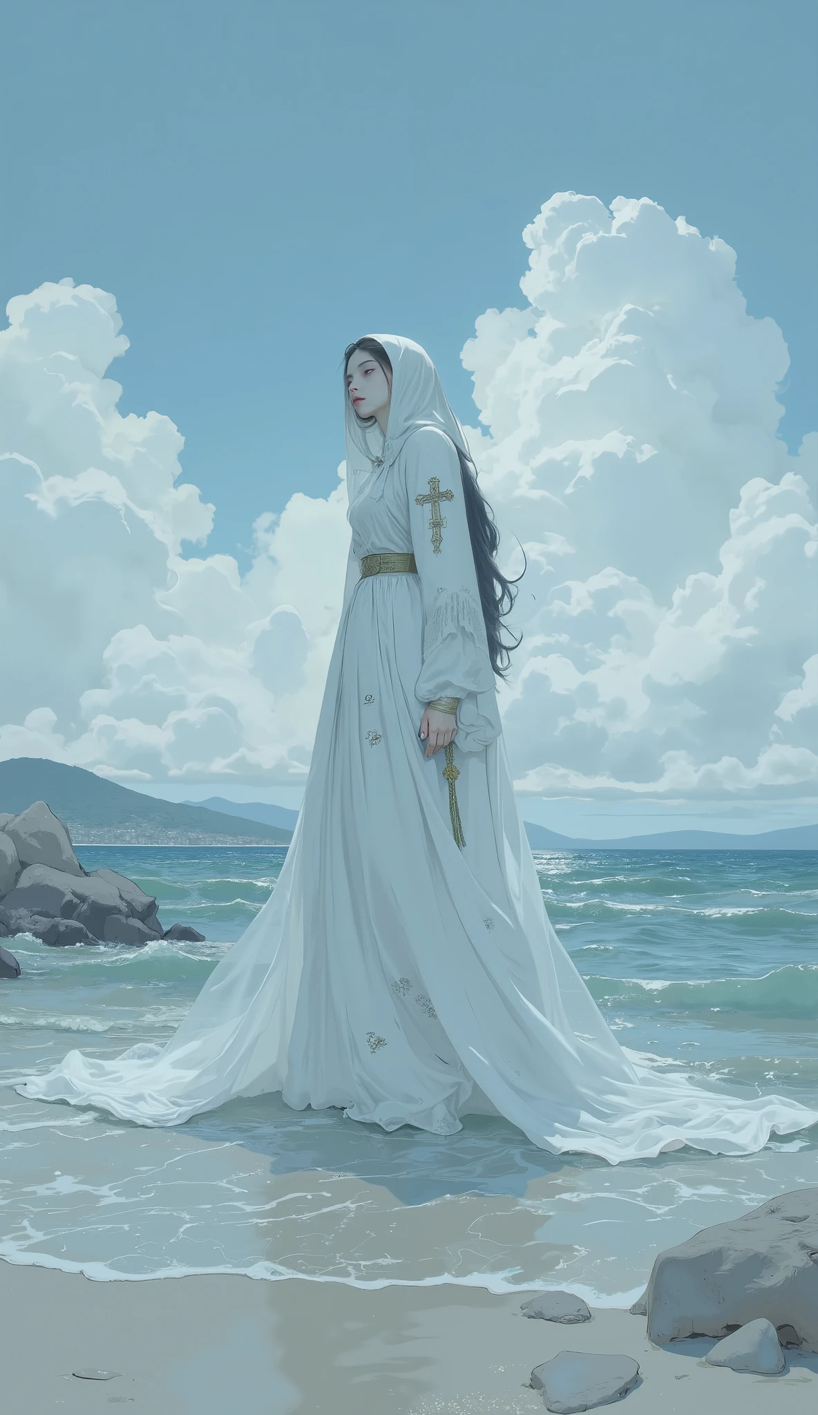 Close up of a transparent female ghost standing on the beach,  digital art by Li Song, Tumbler,  digital art , 白いfogが女の子の形をしており水上を歩く, Flying Ghosts  , WHITE GHOST GIRL  , La Llorona , The appearance of a ghost, The girl's ghost , Mysterious Girl, translucent、fog、 Mysterious Figures  , she is walking on a river, Beautiful peninsula-like presence 、 partly dissolved in the atmosphere 