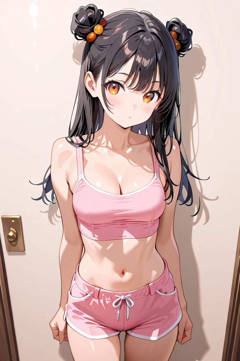 girl in a bedroom, wearing a black sports bra, wearing pink shorts, tanned skin, strong body, one hand on hips, straight dark brown hair, green eyes